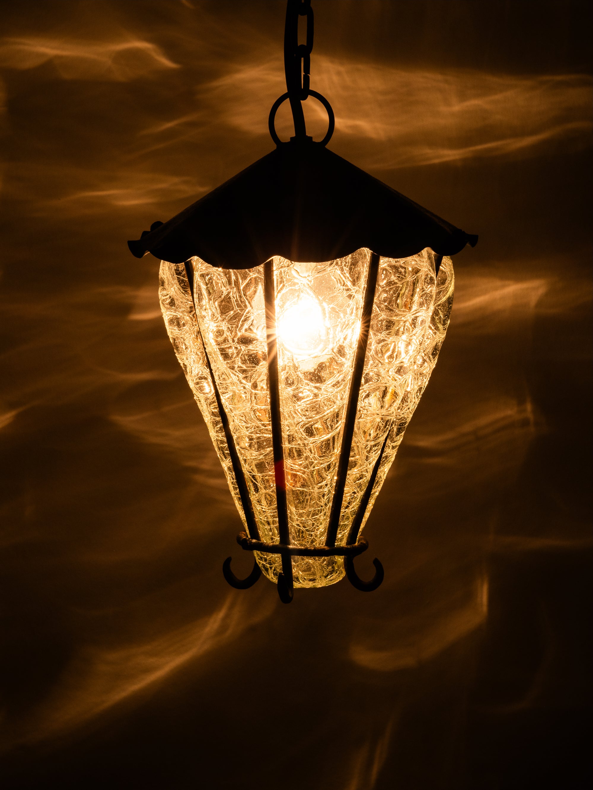 Swedish Gothic Style Iron Lantern with Crackle Glass, 1930s