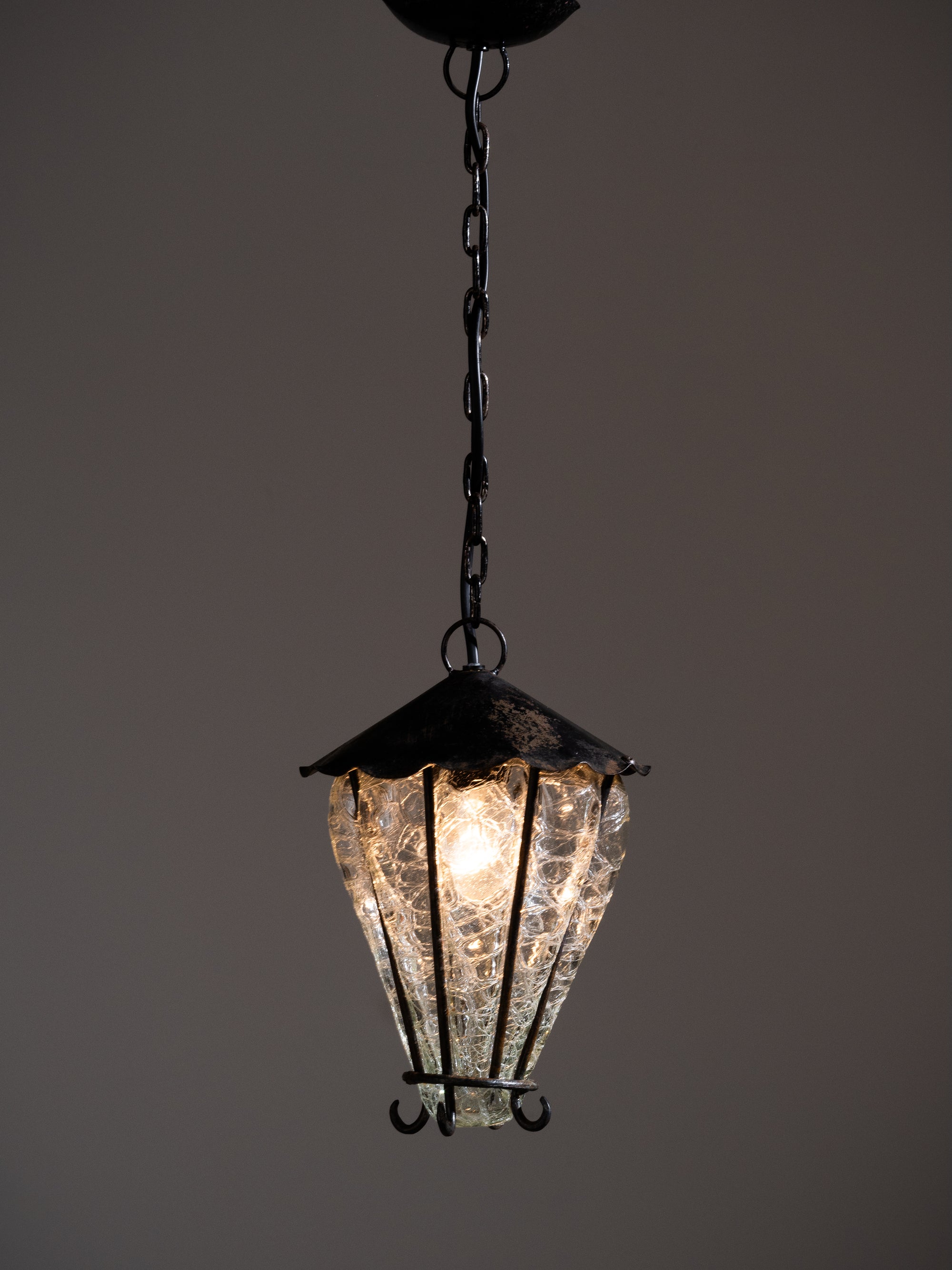 Swedish Gothic Style Iron Lantern with Crackle Glass, 1930s