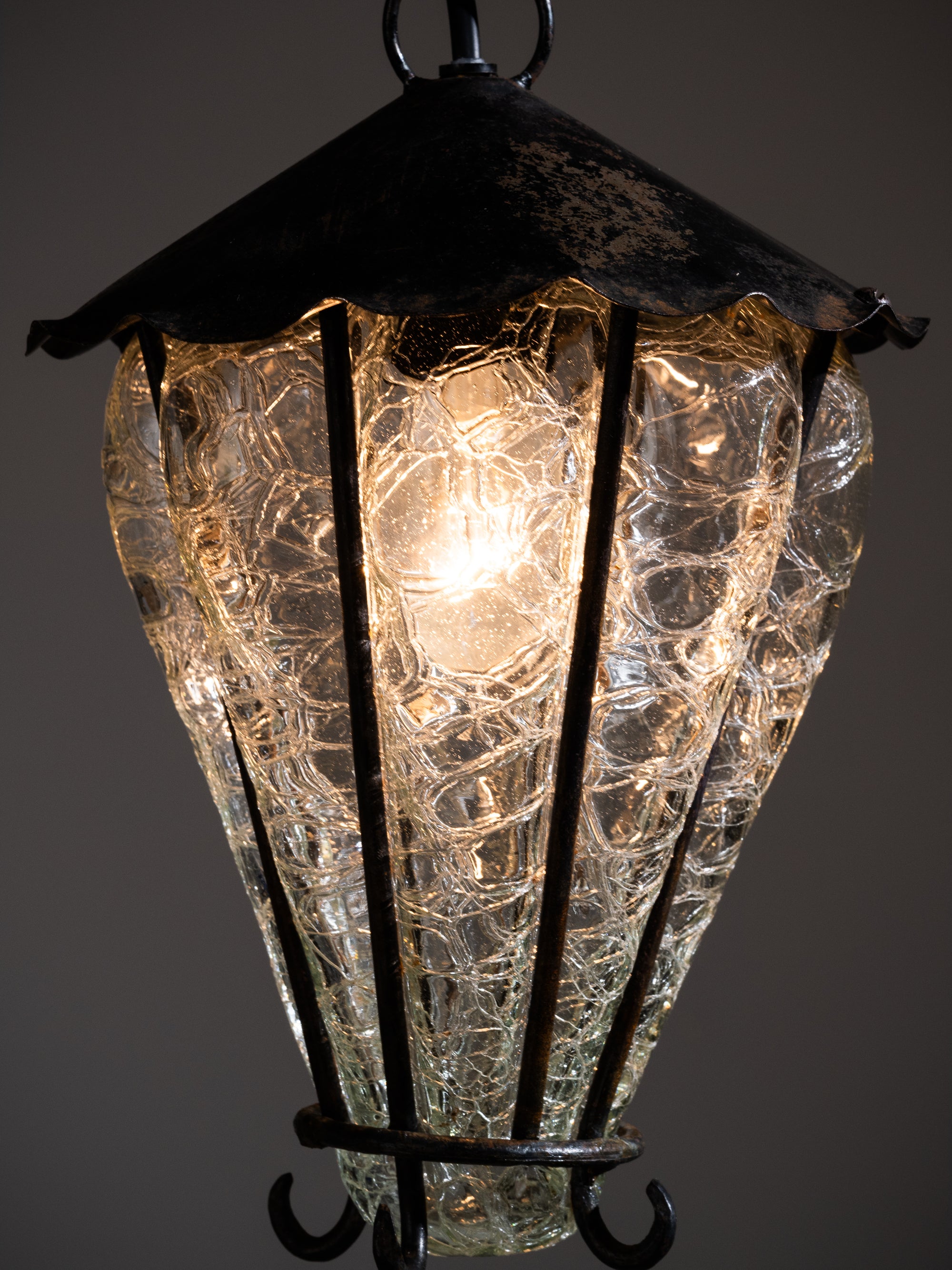Swedish Gothic Style Iron Lantern with Crackle Glass, 1930s