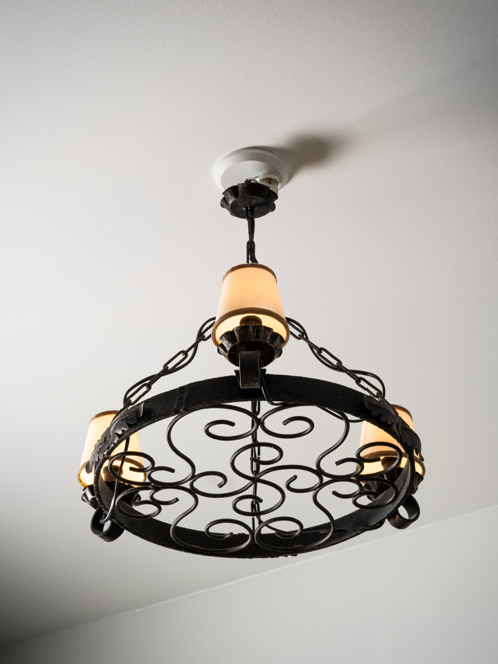 Round Wrought Iron Gothic Style Chandelier with Three Lights, 1930s
