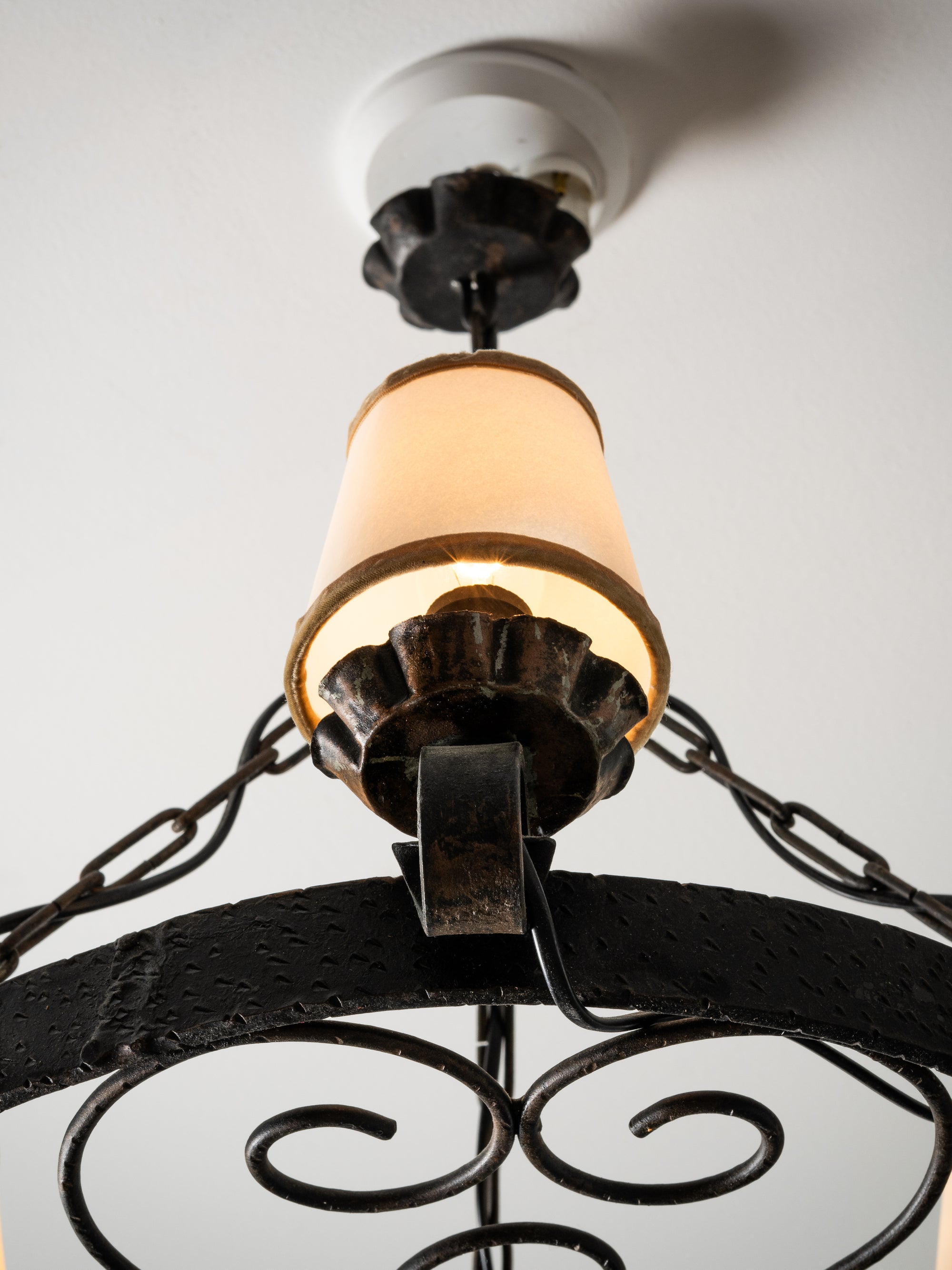Round Wrought Iron Gothic Style Chandelier with Three Lights, 1930s
