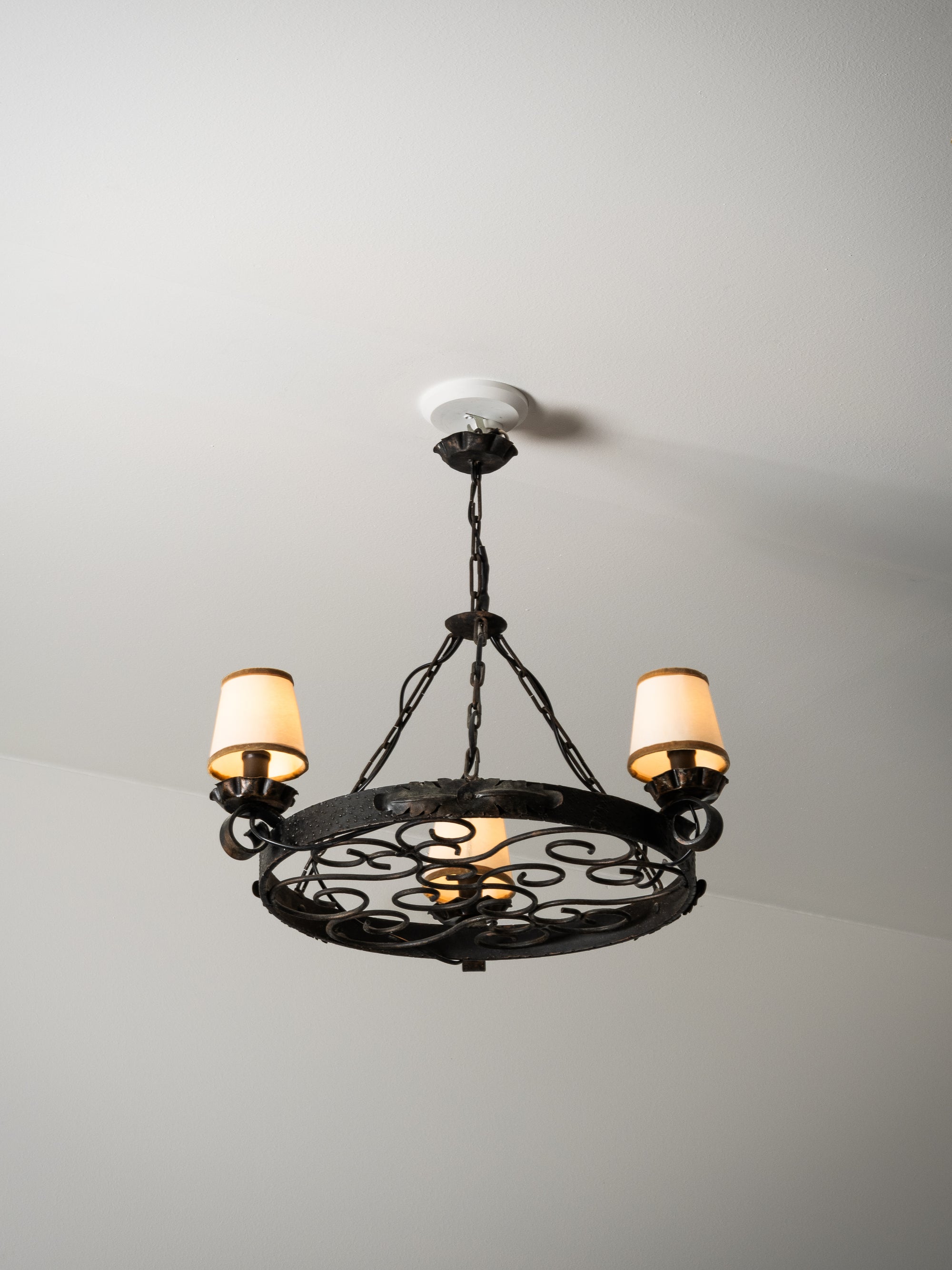 Round Wrought Iron Gothic Style Chandelier with Three Lights, 1930s