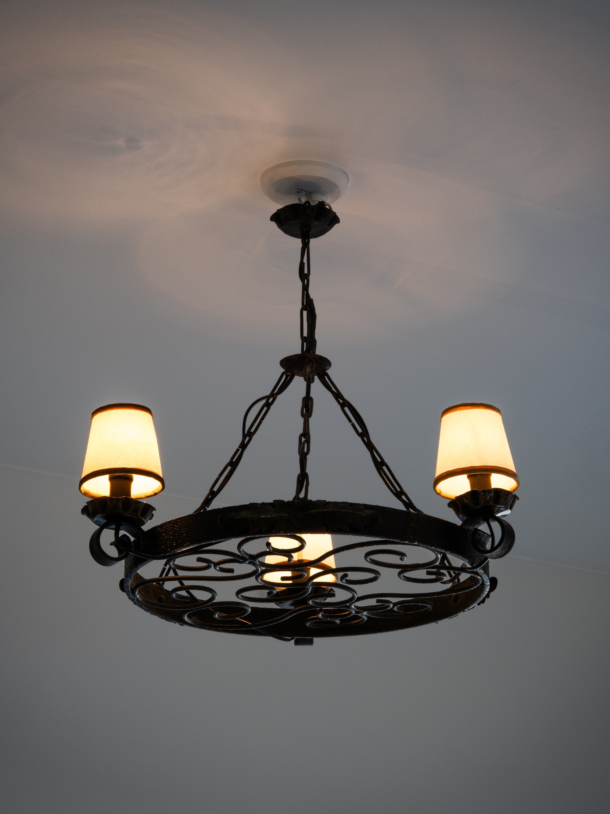 Round Wrought Iron Gothic Style Chandelier with Three Lights, 1930s