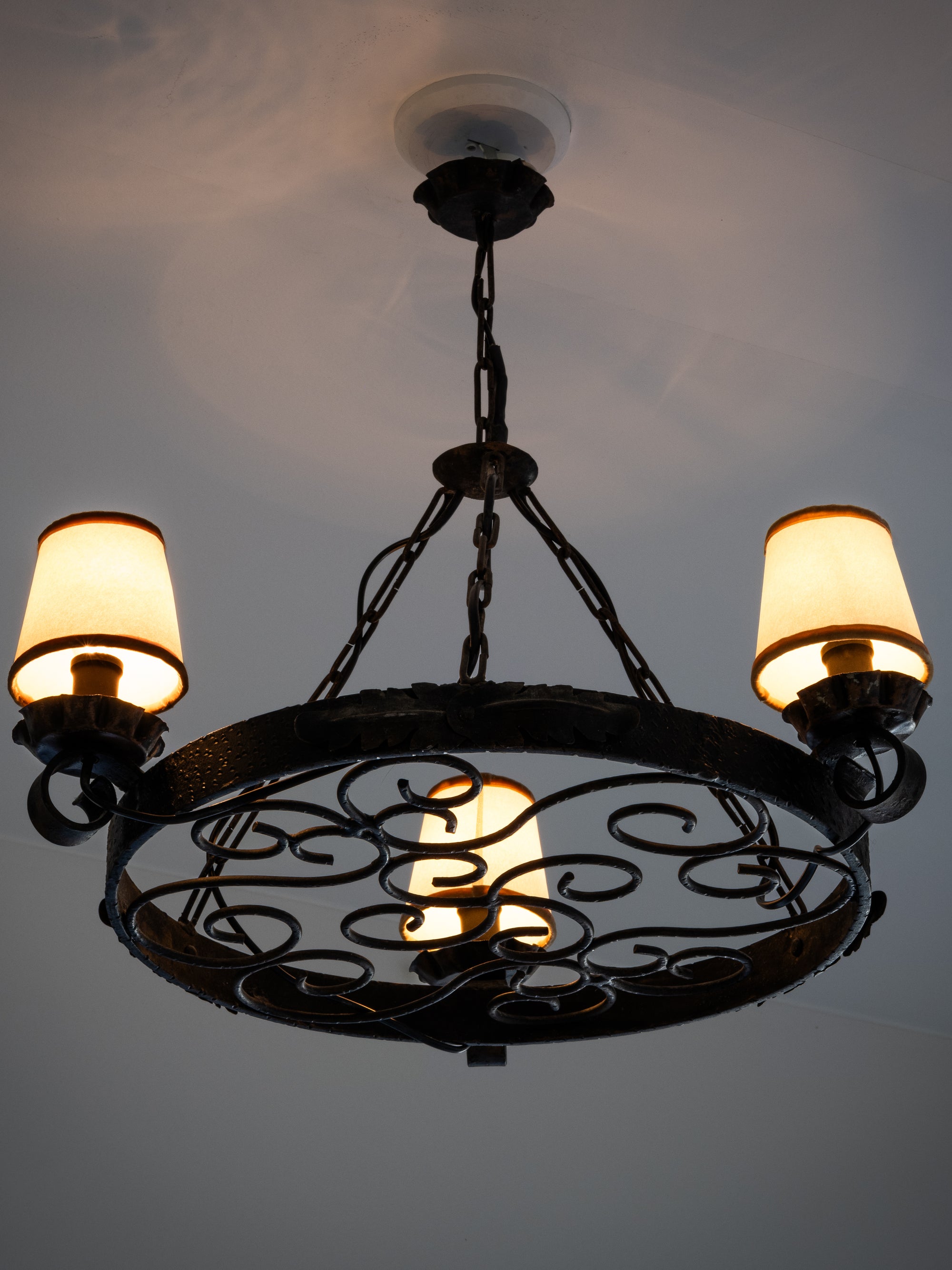 Round Wrought Iron Gothic Style Chandelier with Three Lights, 1930s
