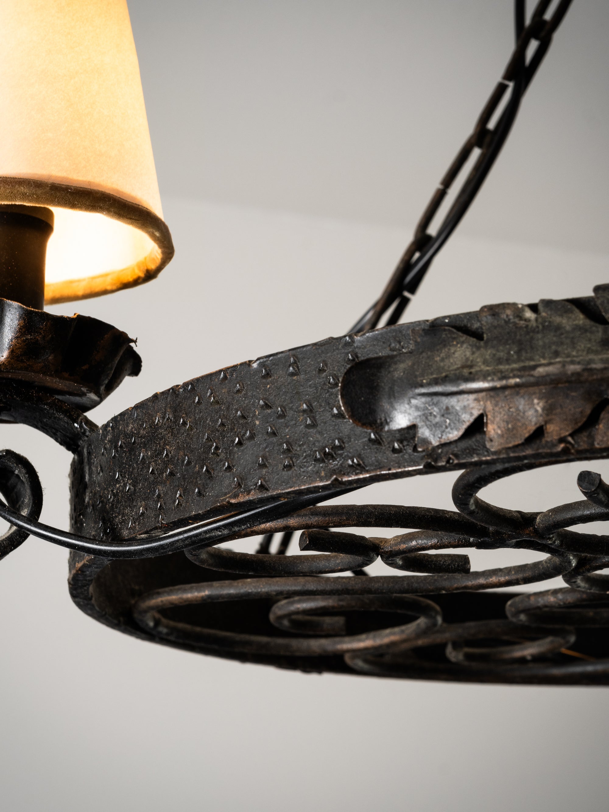 Round Wrought Iron Gothic Style Chandelier with Three Lights, 1930s