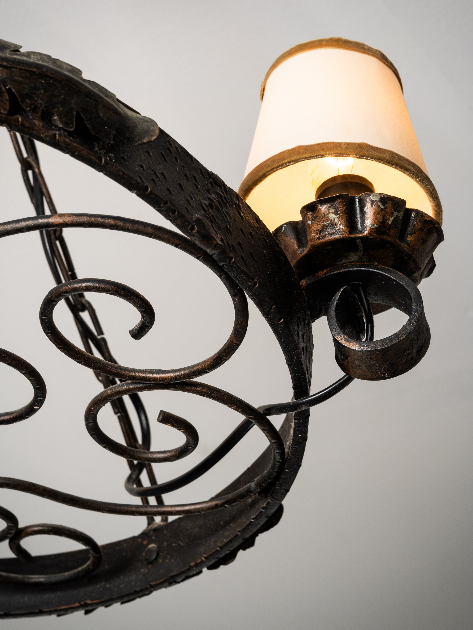 Round Wrought Iron Gothic Style Chandelier with Three Lights, 1930s
