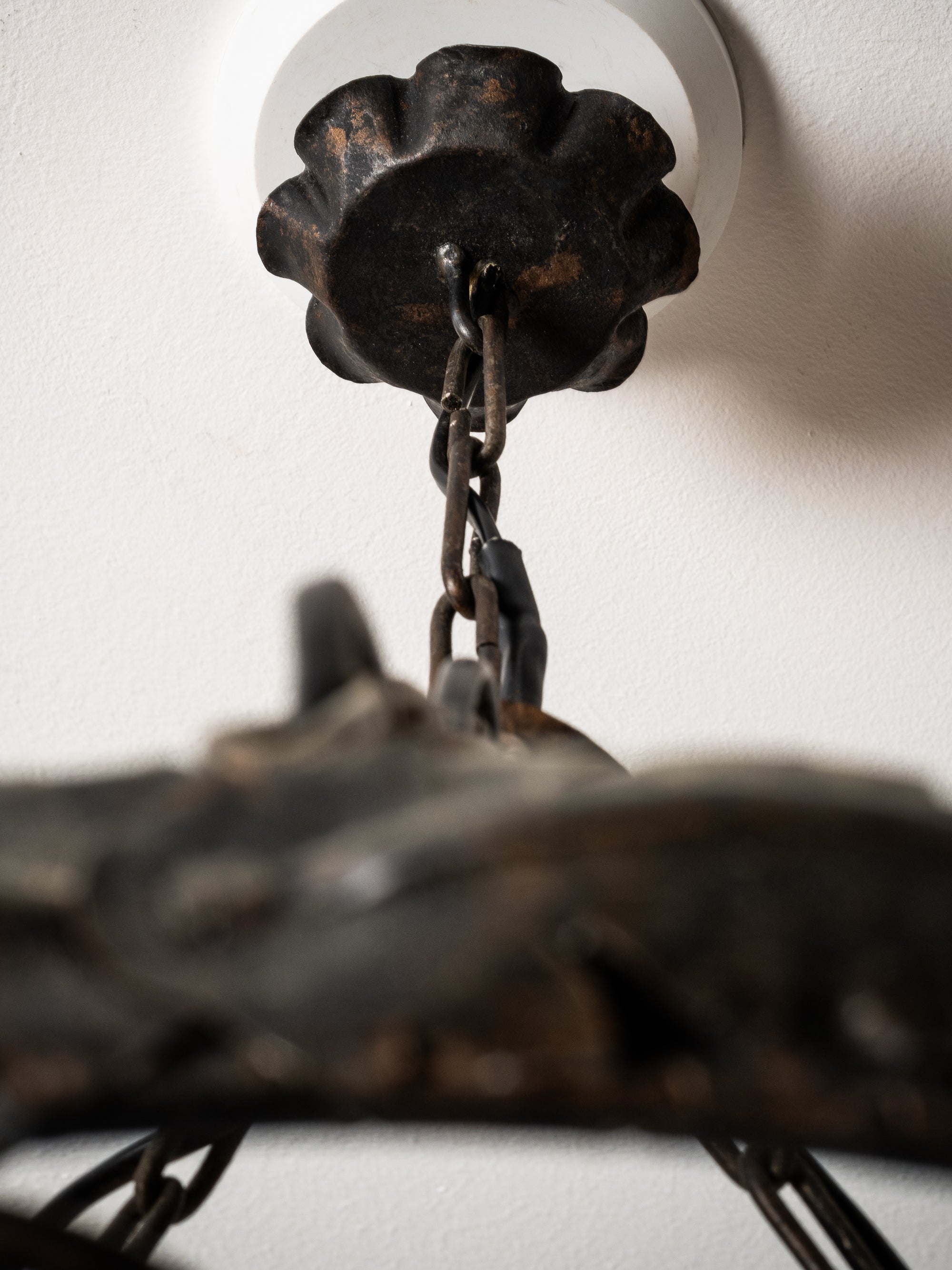 Round Wrought Iron Gothic Style Chandelier with Three Lights, 1930s