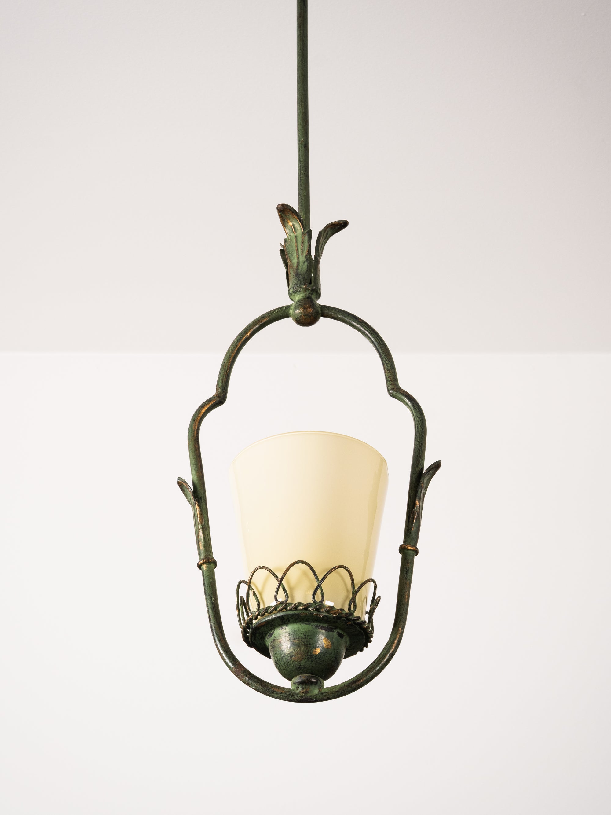 Wrought Iron &amp; Opaline Glass Pendant, Finland, 1930s