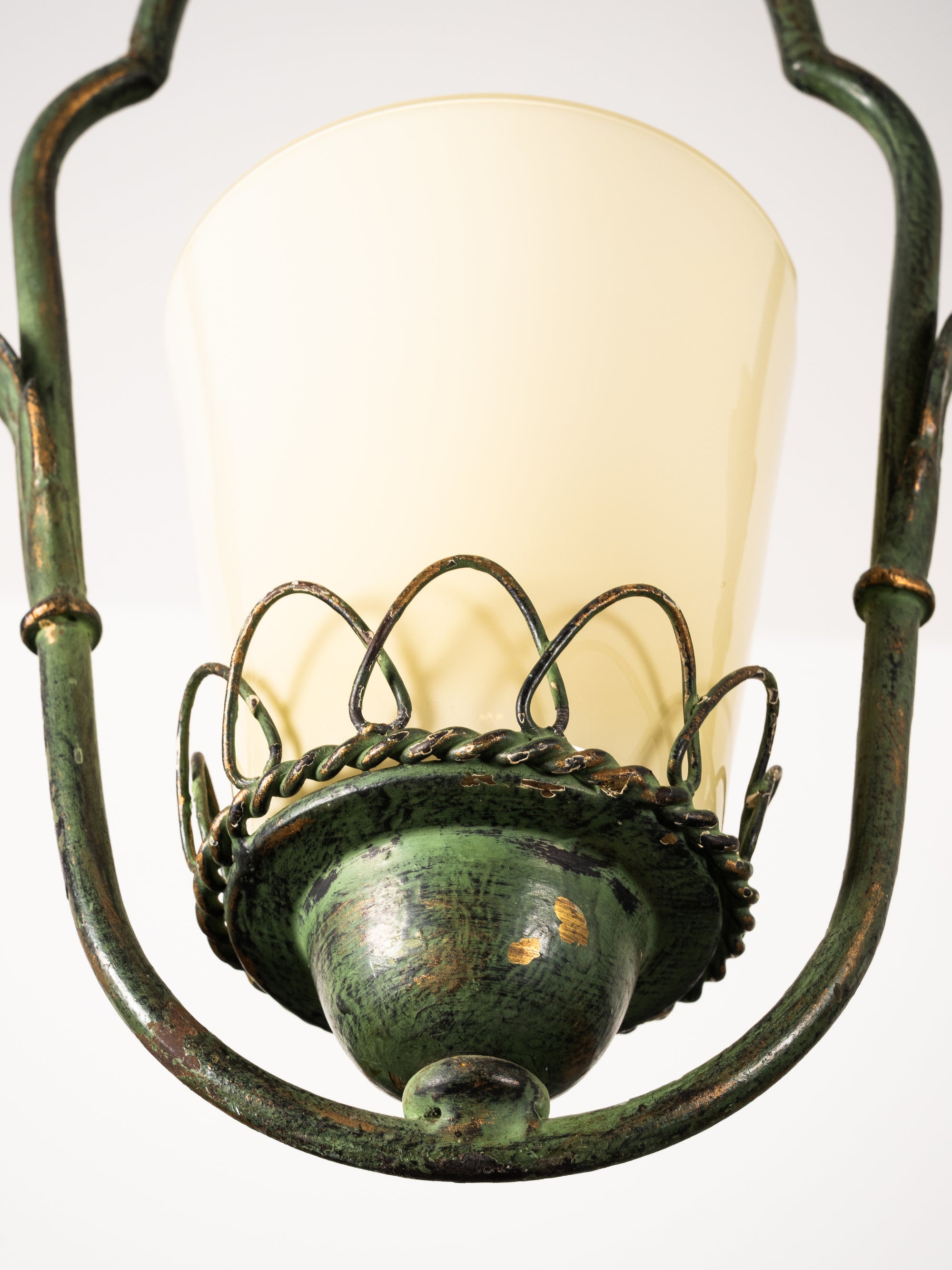 Wrought Iron &amp; Opaline Glass Pendant, Finland, 1930s