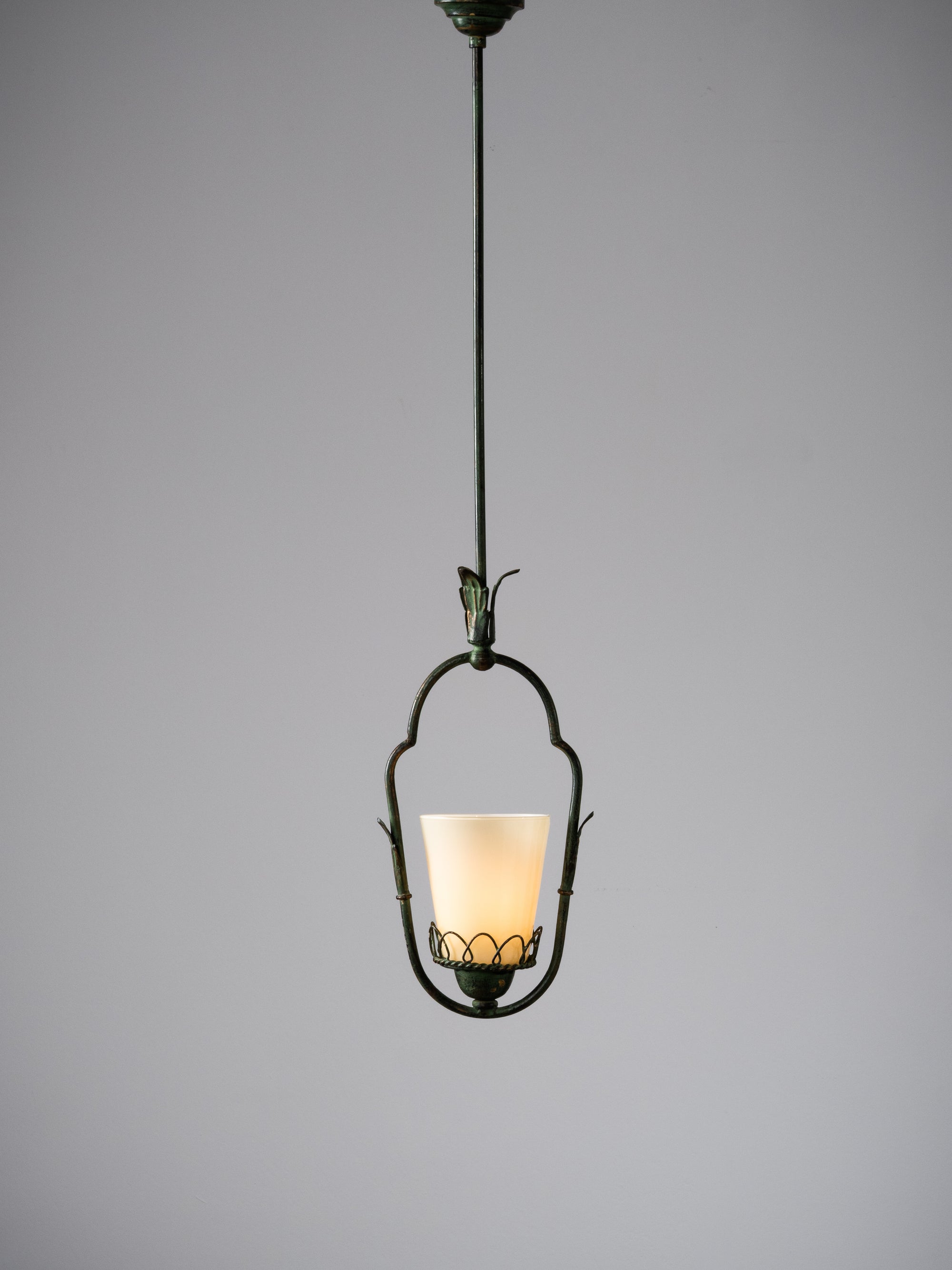 Wrought Iron &amp; Opaline Glass Pendant, Finland, 1930s