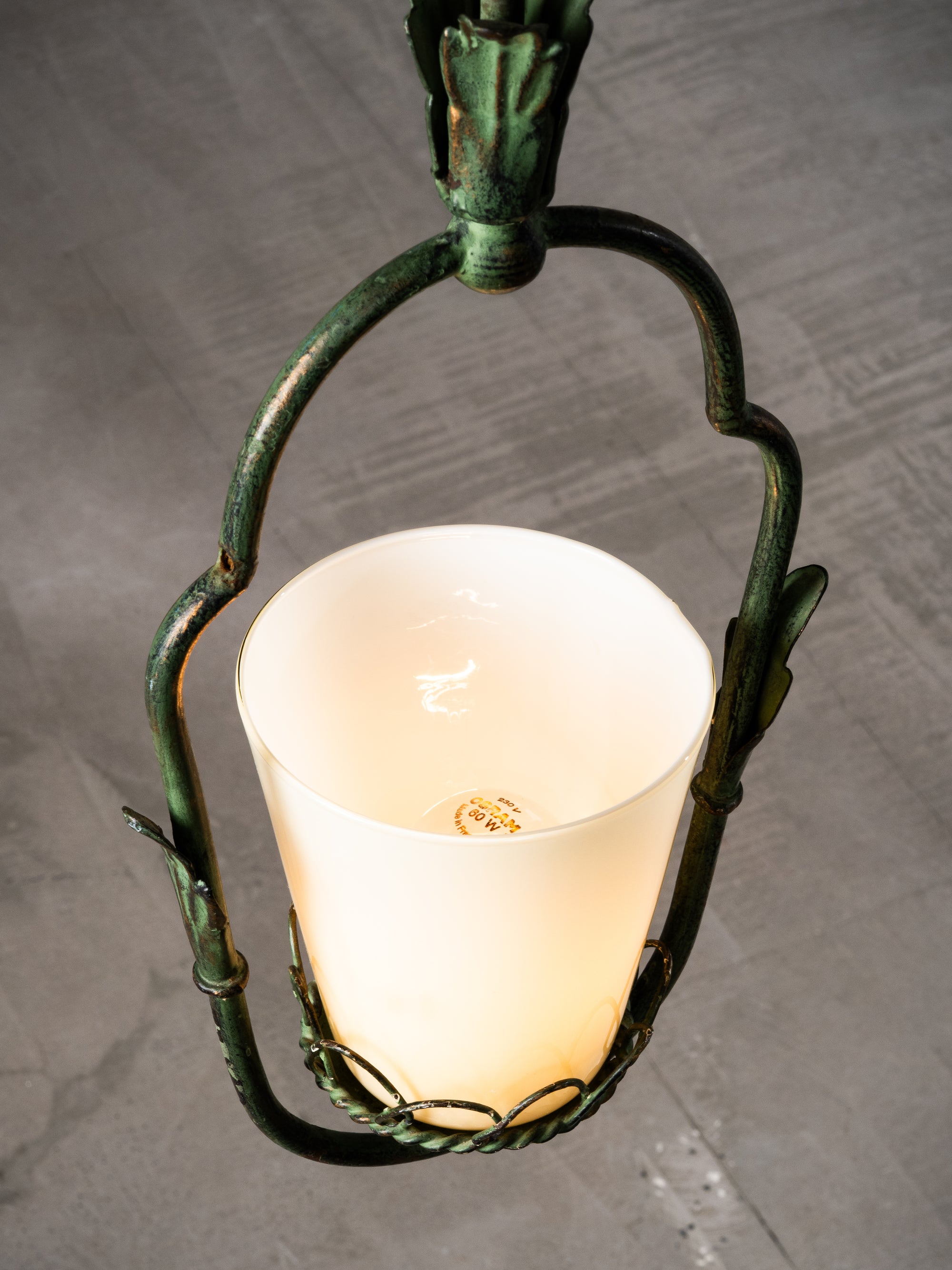 Wrought Iron &amp; Opaline Glass Pendant, Finland, 1930s