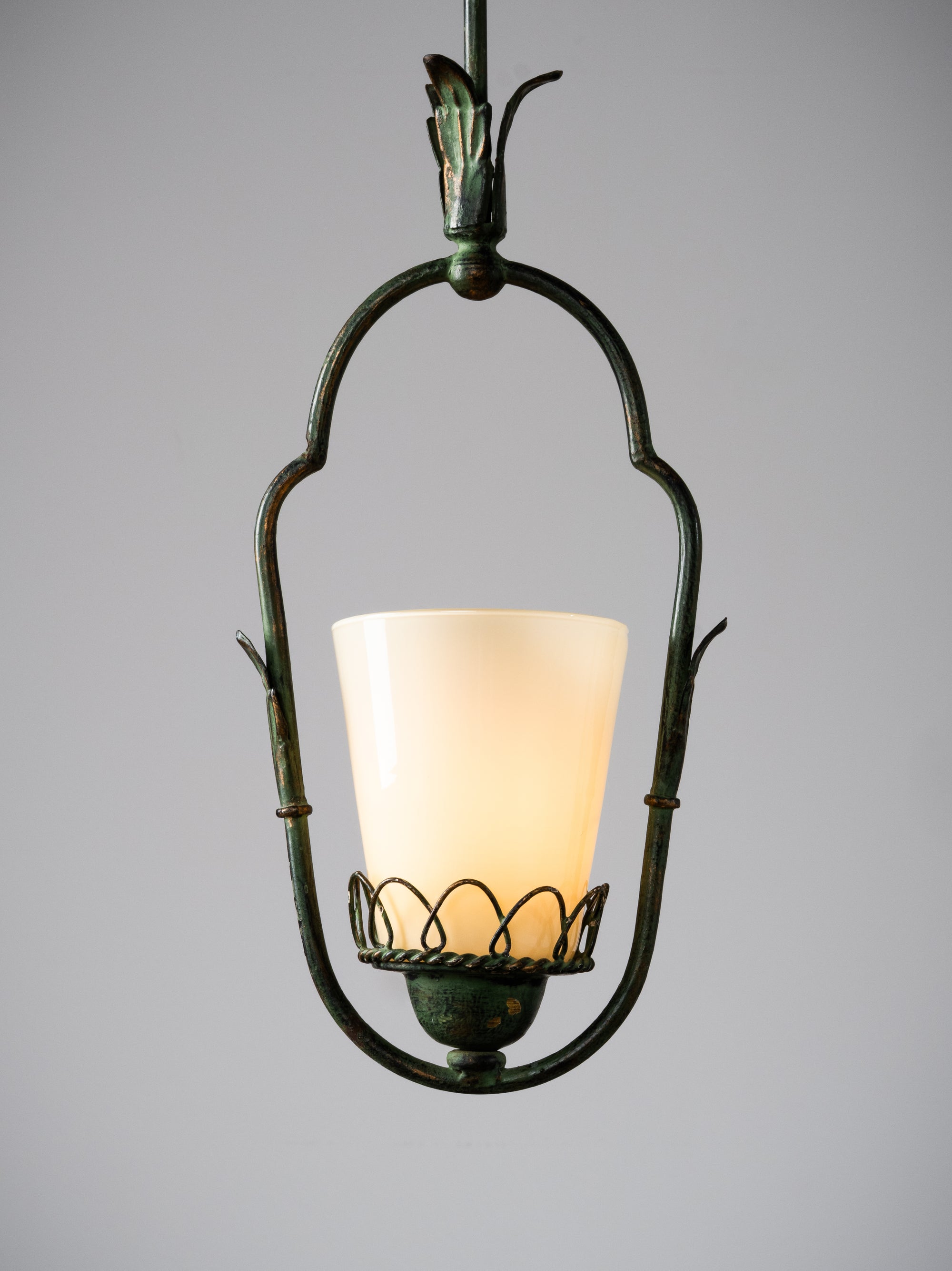 Wrought Iron &amp; Opaline Glass Pendant, Finland, 1930s