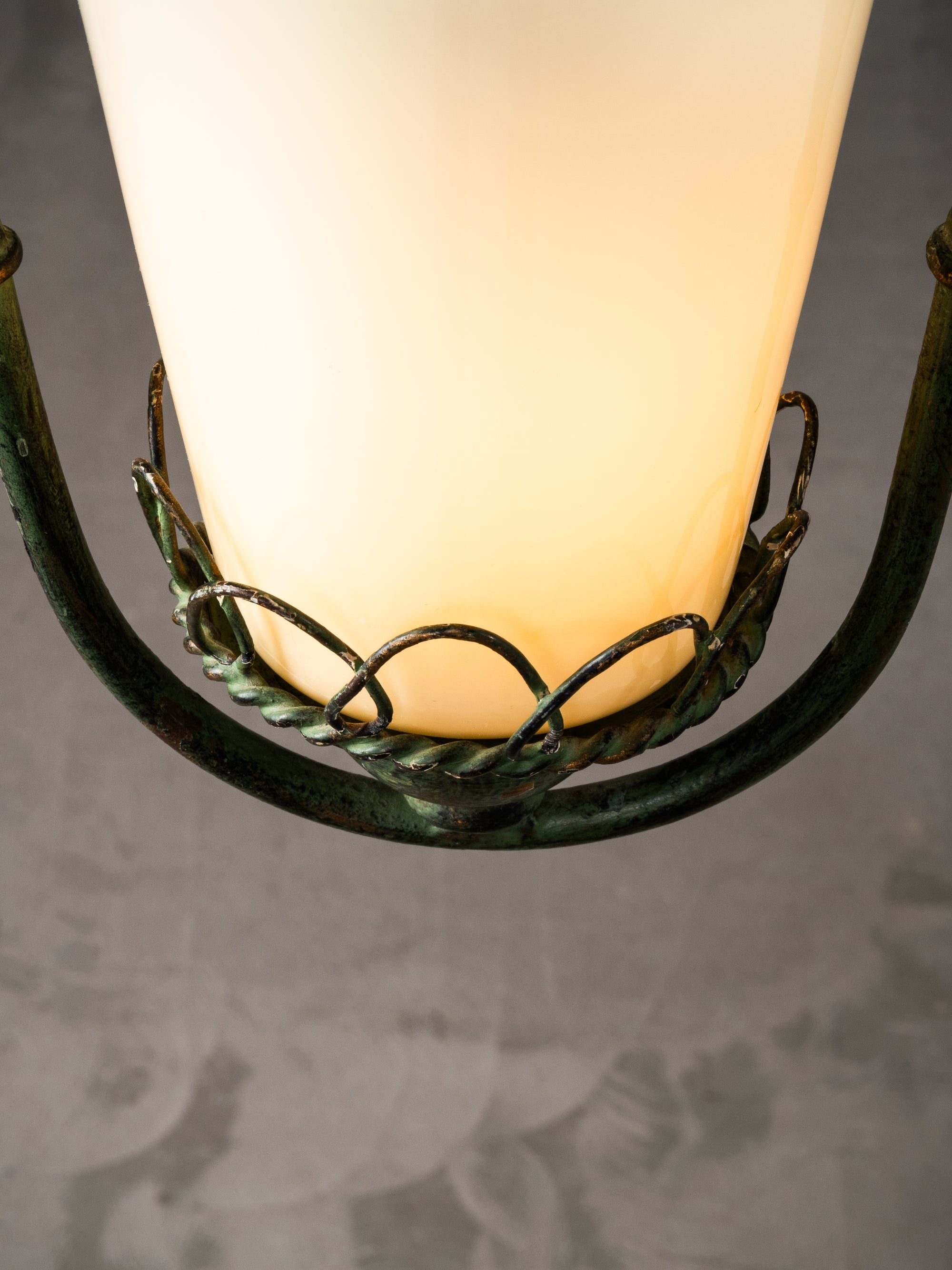 Wrought Iron &amp; Opaline Glass Pendant, Finland, 1930s