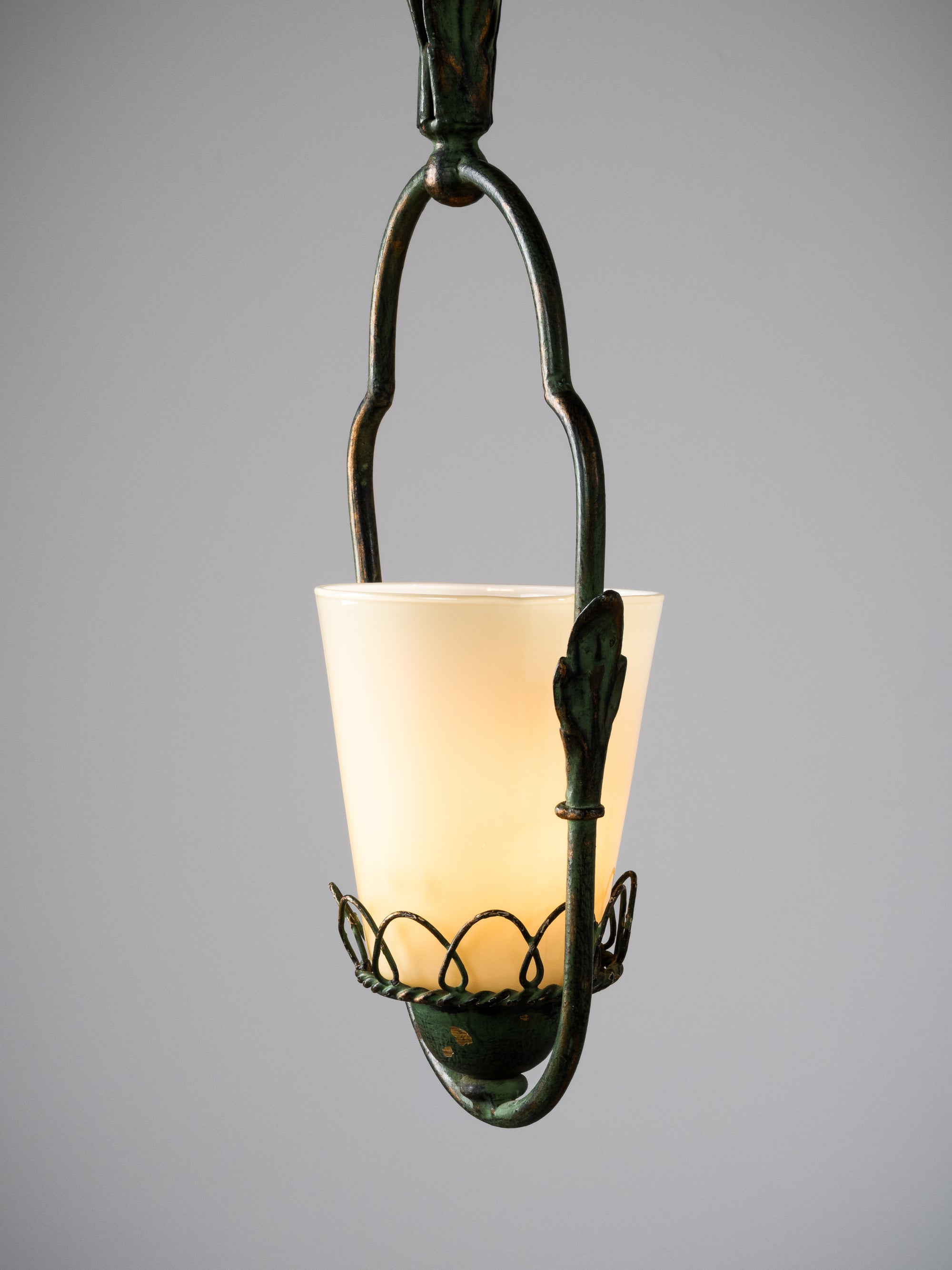 Wrought Iron &amp; Opaline Glass Pendant, Finland, 1930s