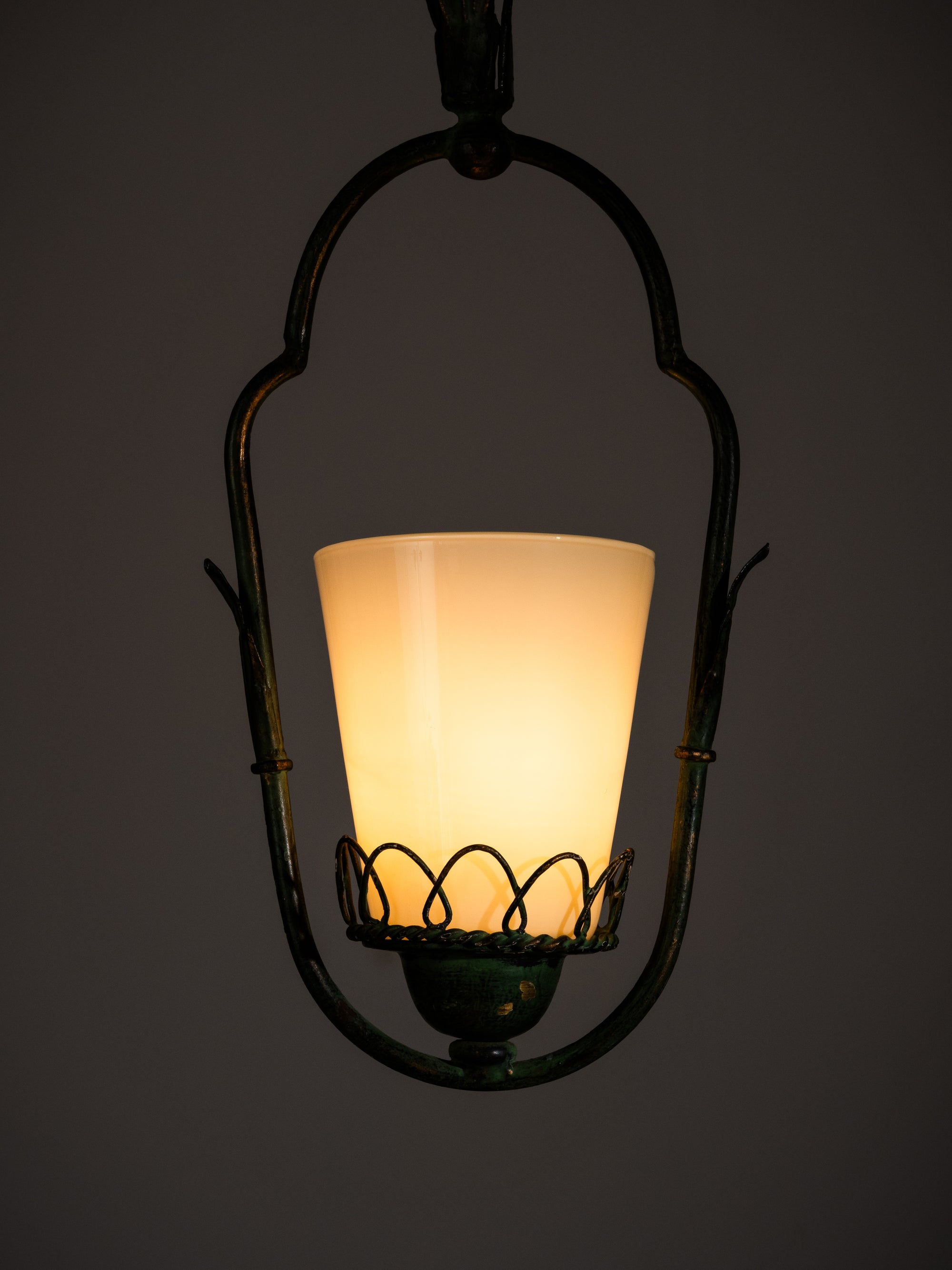 Wrought Iron &amp; Opaline Glass Pendant, Finland, 1930s