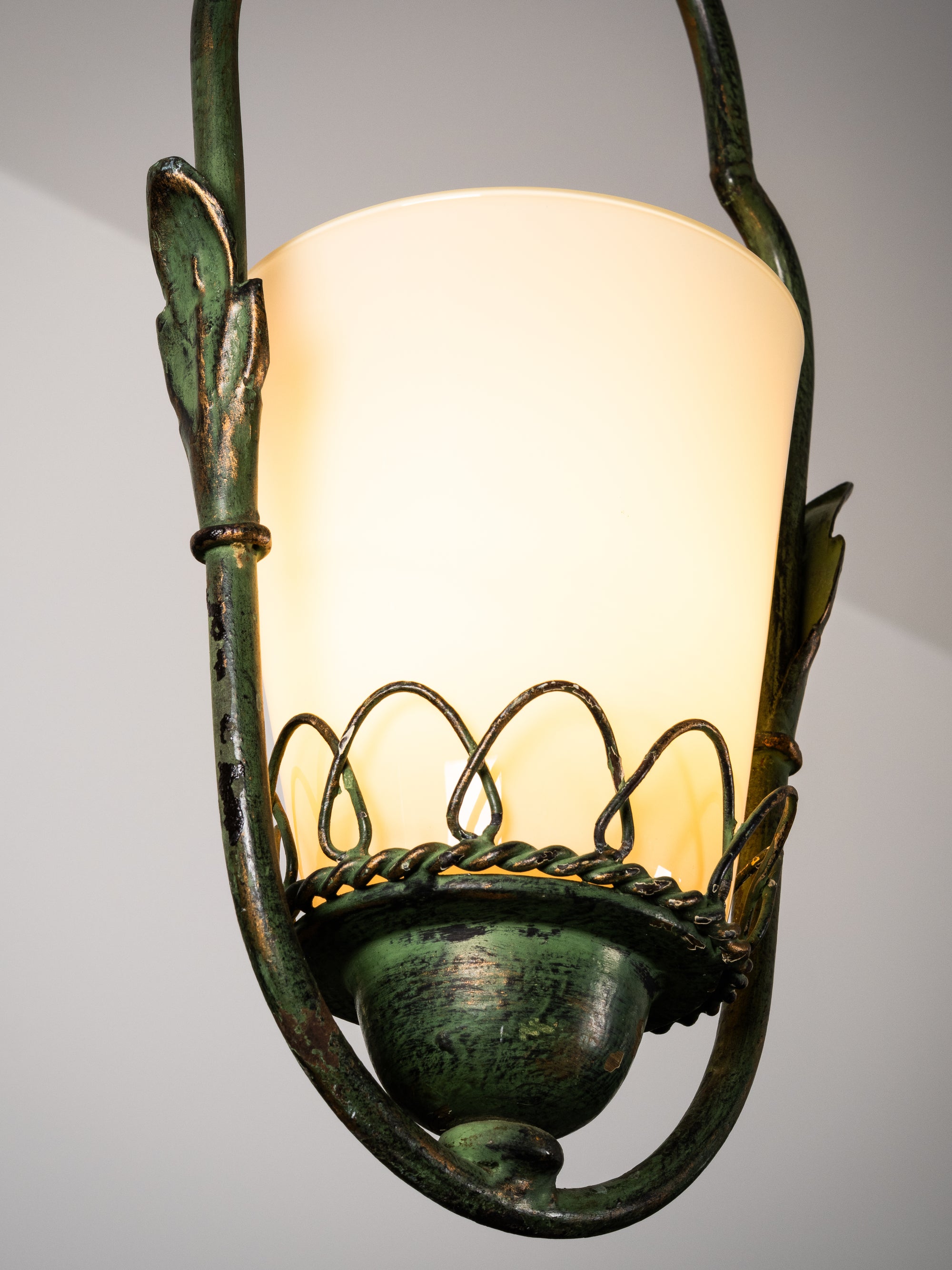 Wrought Iron &amp; Opaline Glass Pendant, Finland, 1930s