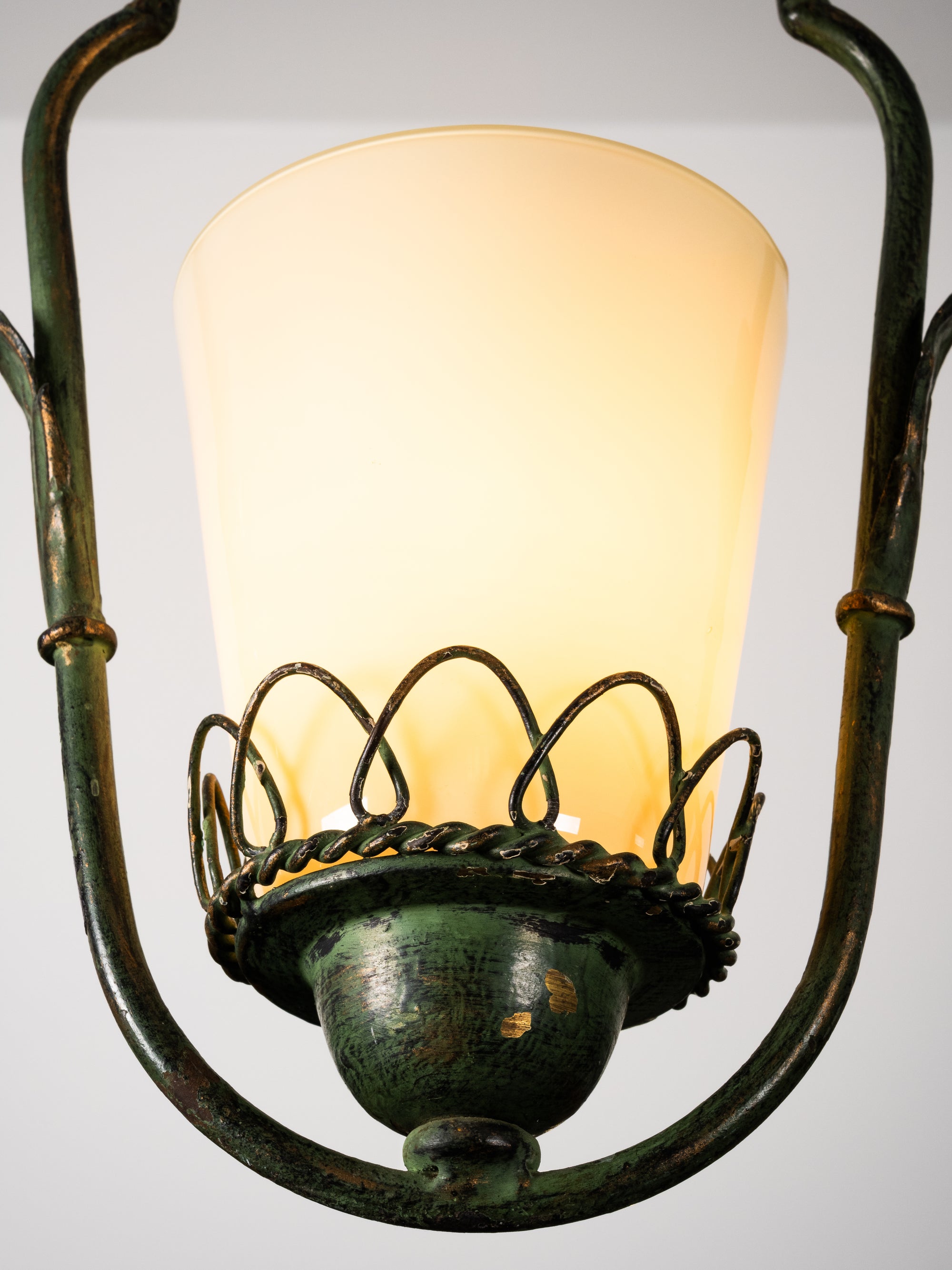 Wrought Iron &amp; Opaline Glass Pendant, Finland, 1930s