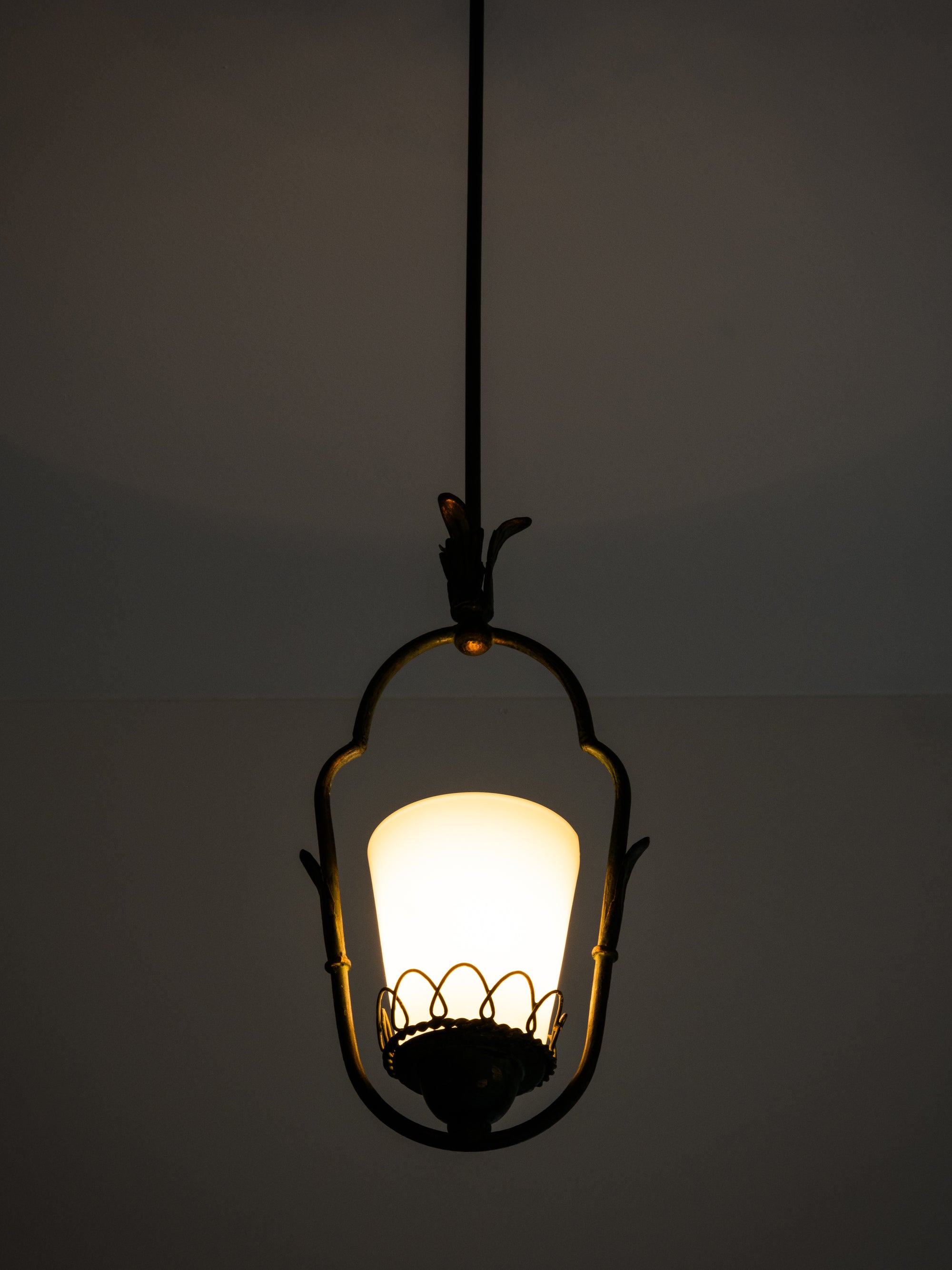 Wrought Iron &amp; Opaline Glass Pendant, Finland, 1930s