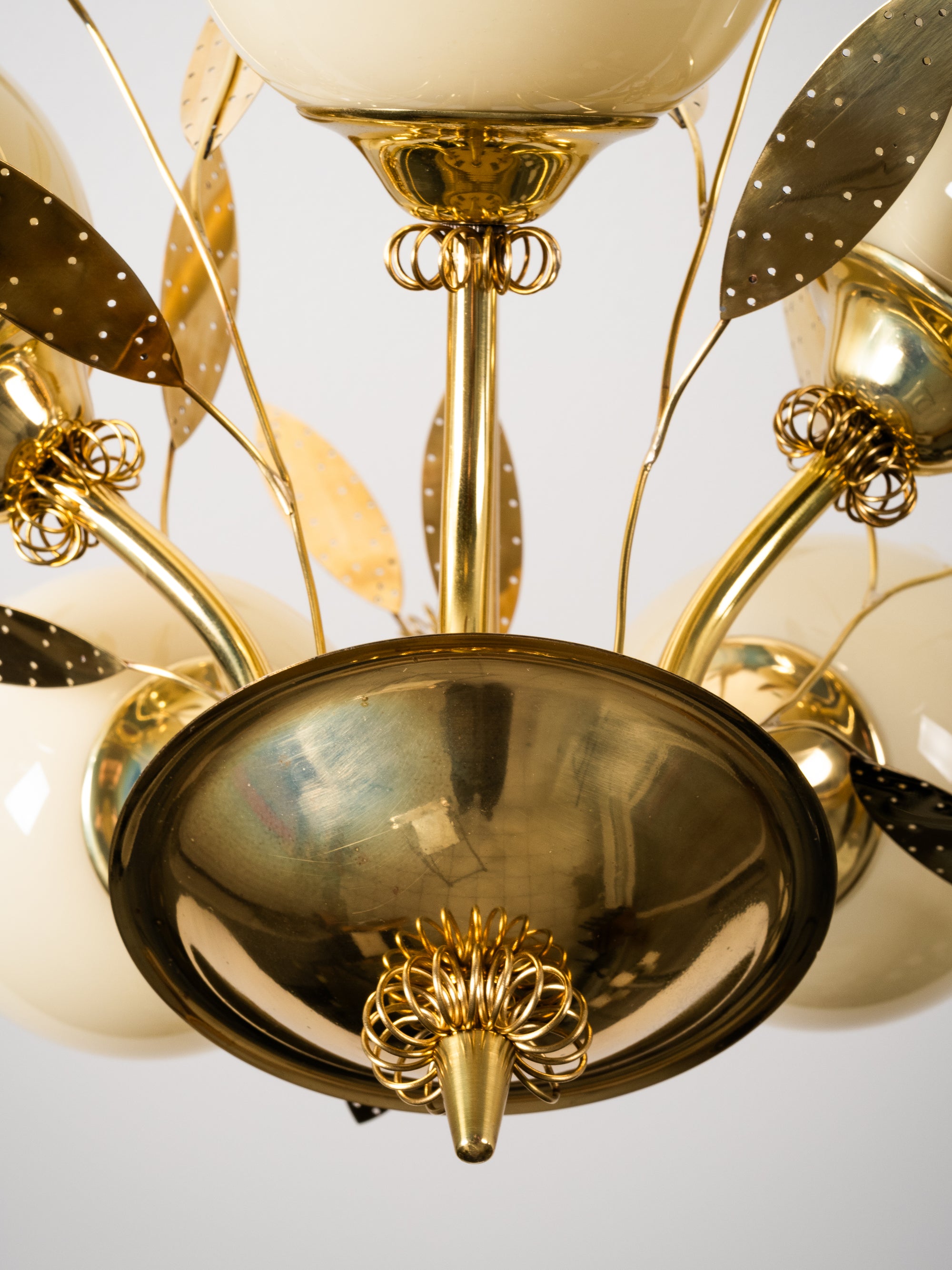 Five-Arm Brass and Glass Chandelier with Floral Details by Itsu, Finland, 1950s