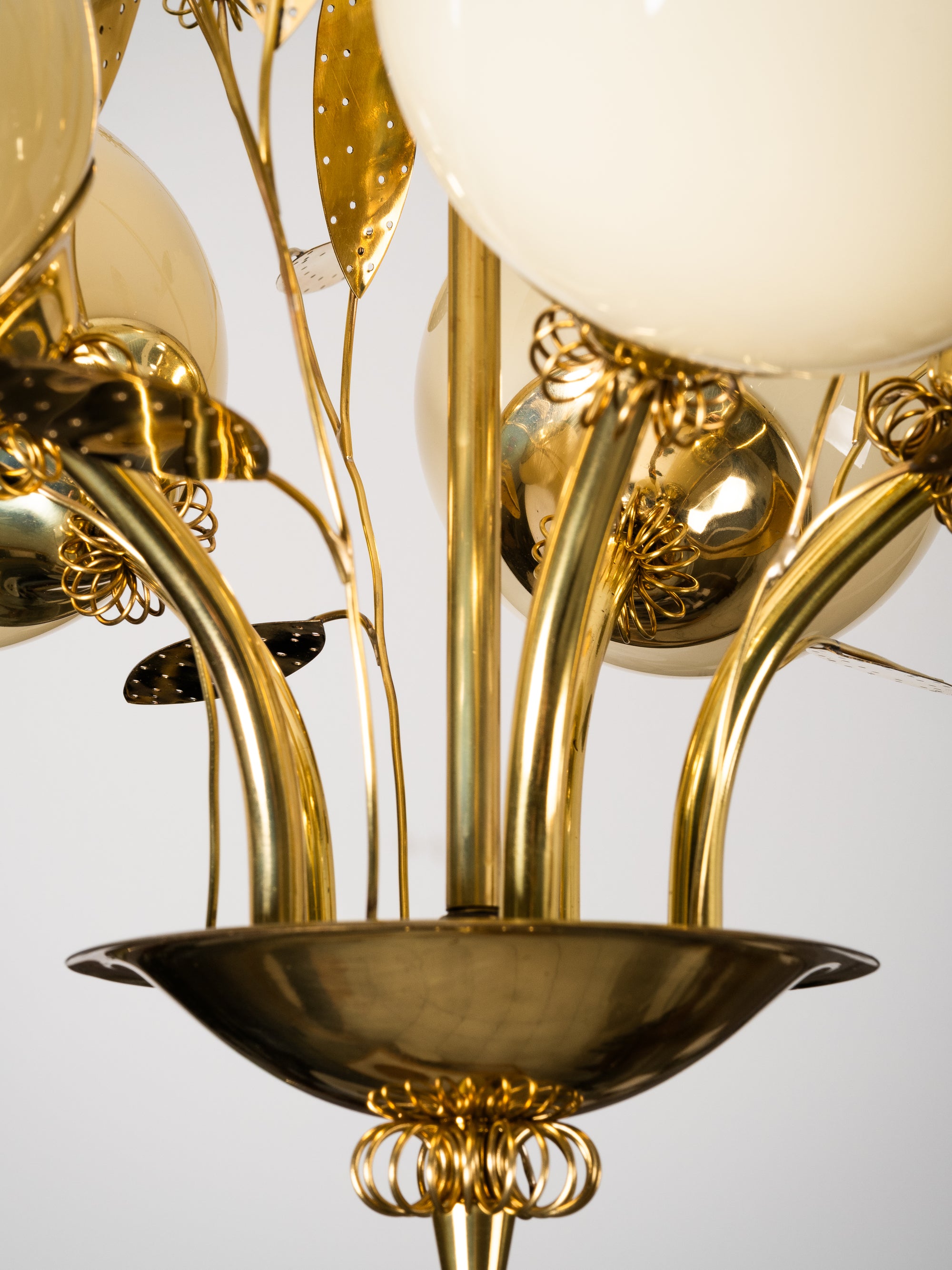 Five-Arm Brass and Glass Chandelier with Floral Details by Itsu, Finland, 1950s