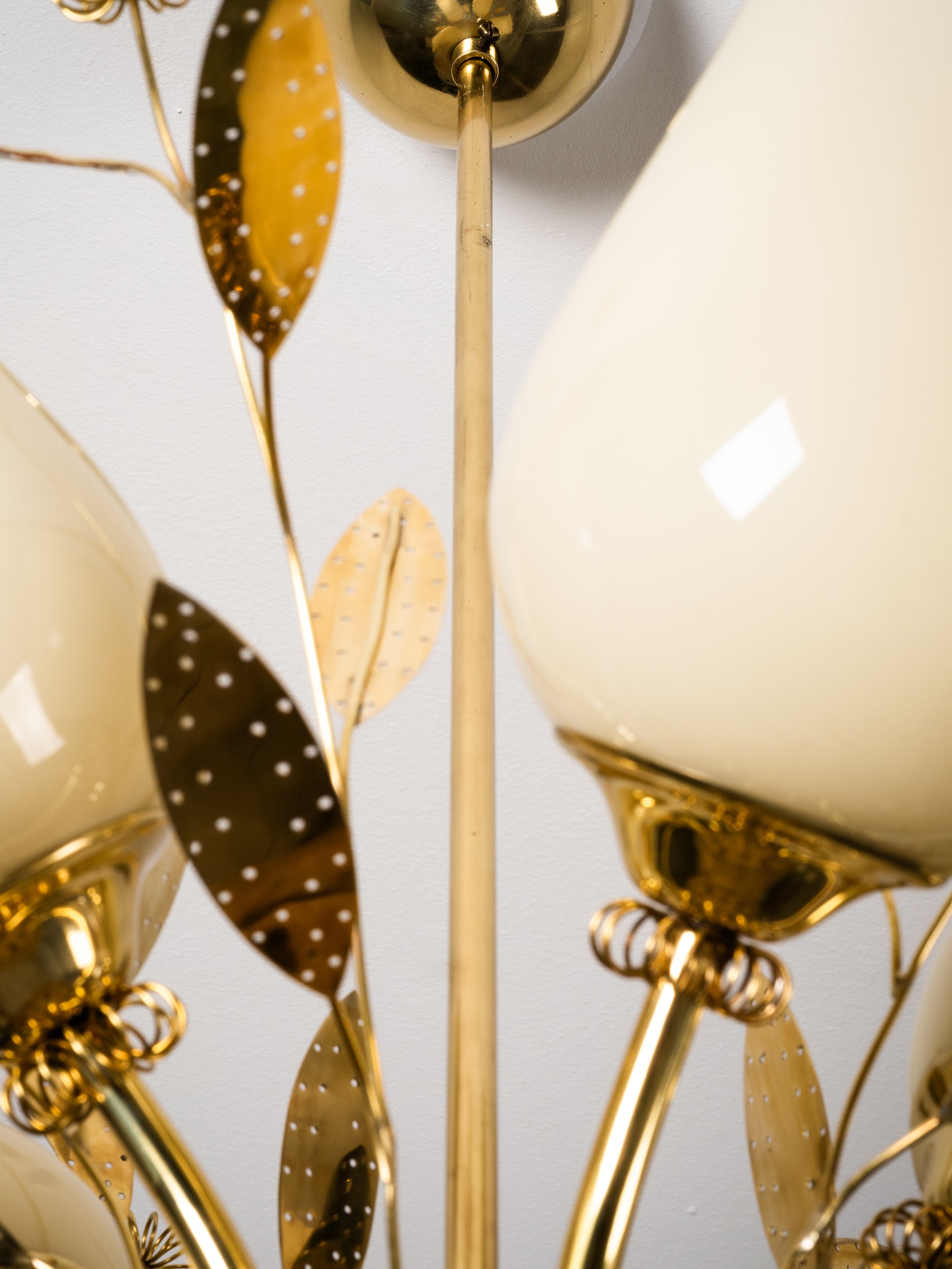 Five-Arm Brass and Glass Chandelier with Floral Details by Itsu, Finland, 1950s