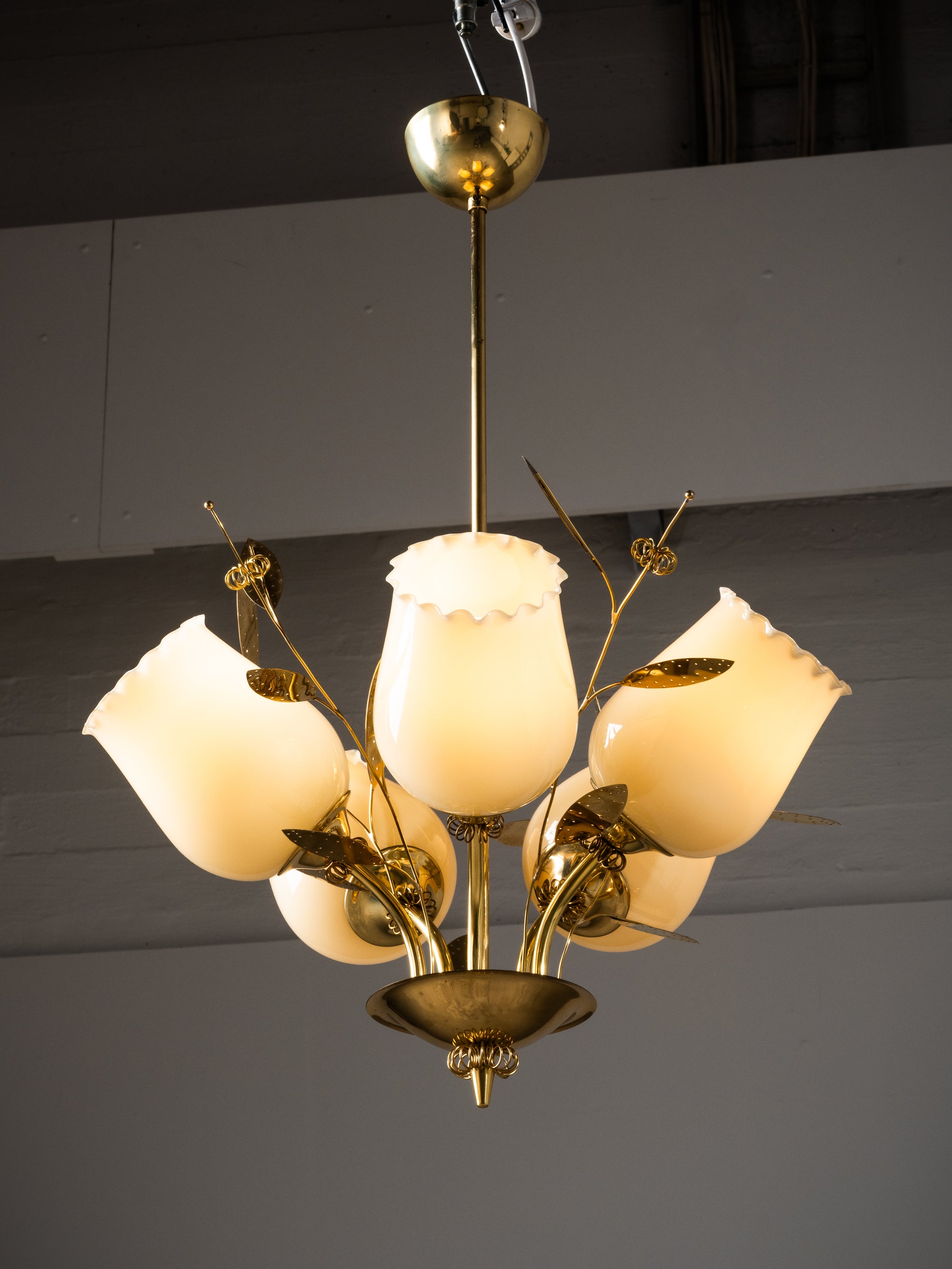 Five-Arm Brass and Glass Chandelier with Floral Details by Itsu, Finland, 1950s