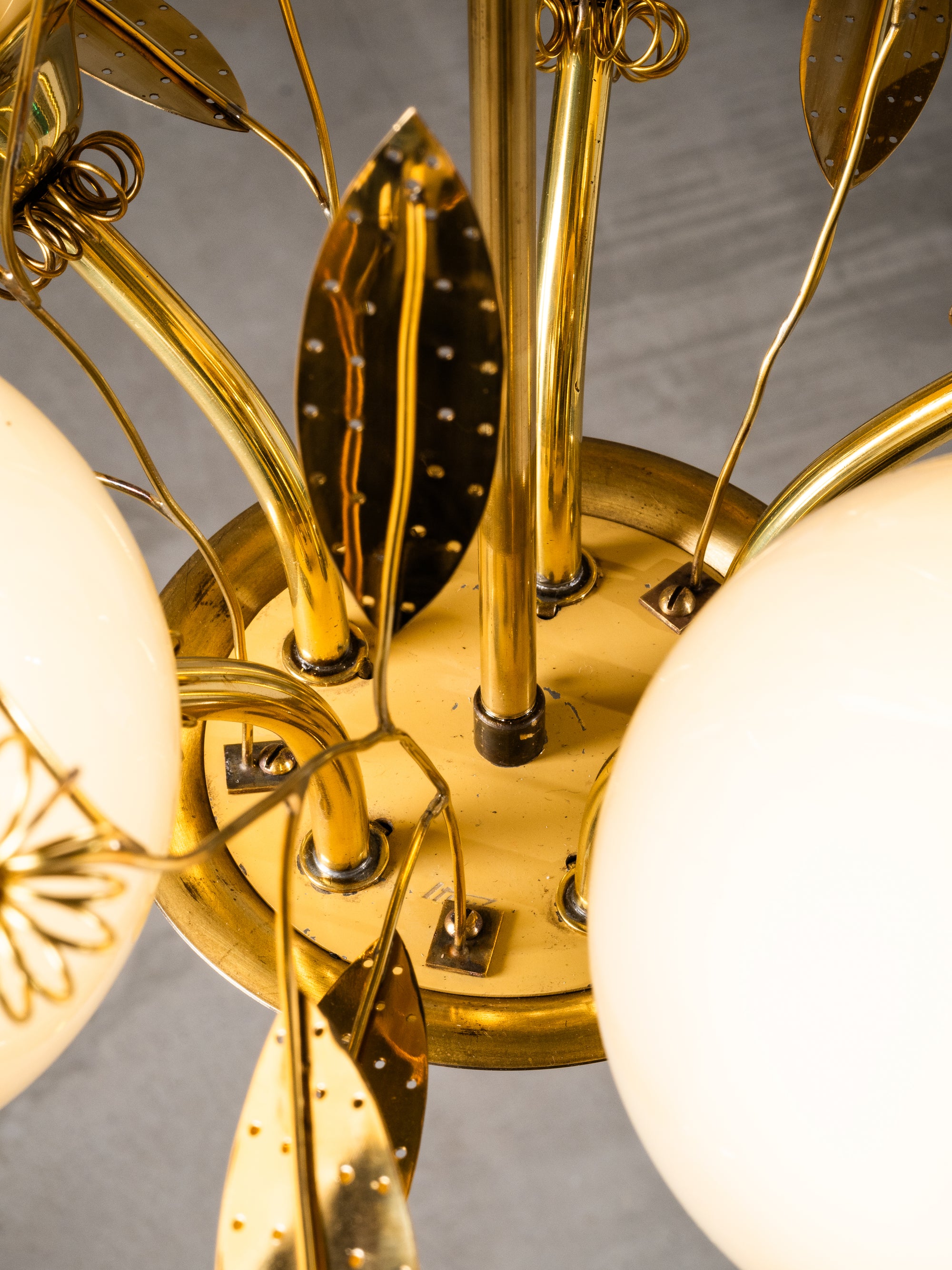 Five-Arm Brass and Glass Chandelier with Floral Details by Itsu, Finland, 1950s