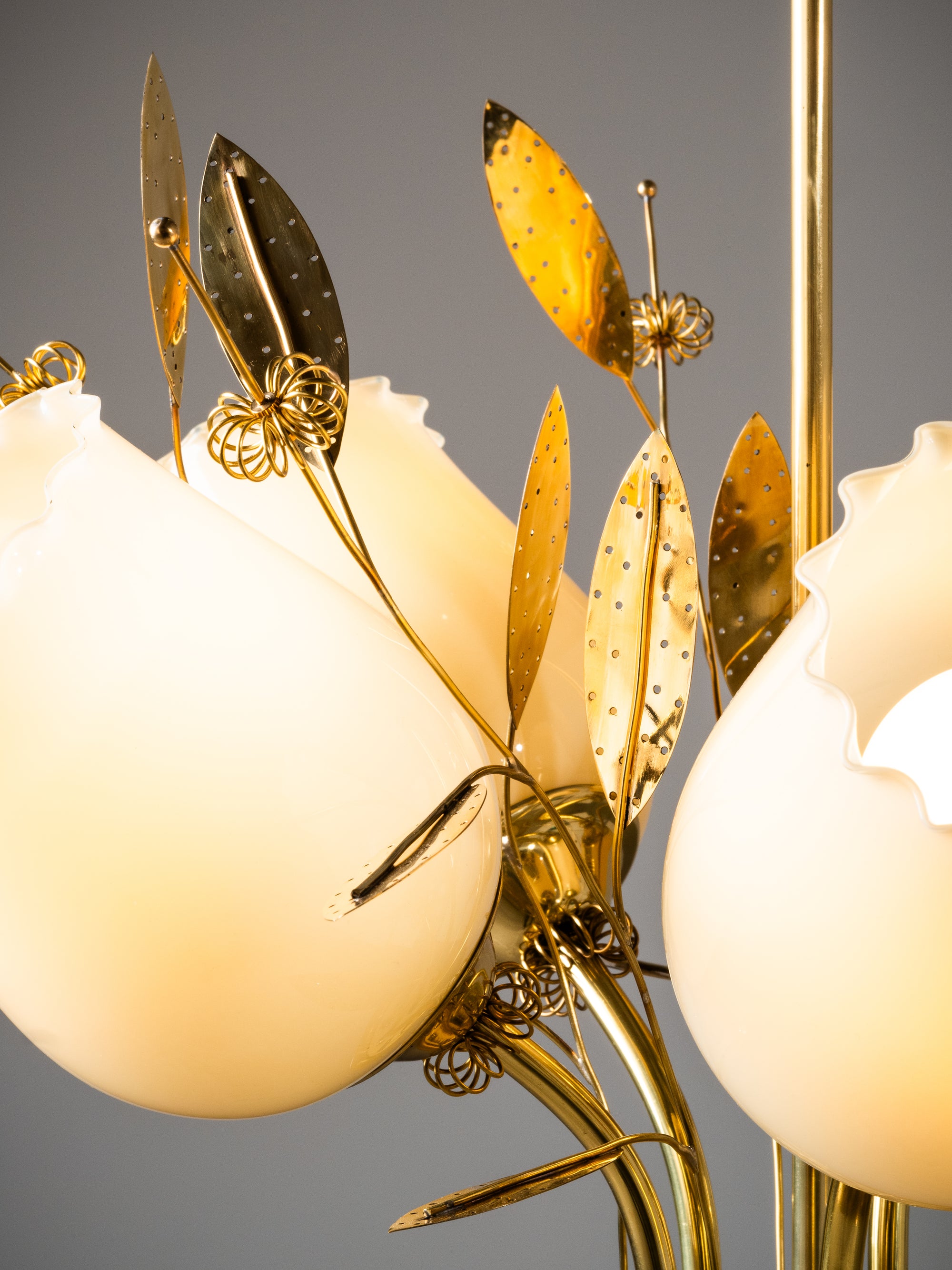 Five-Arm Brass and Glass Chandelier with Floral Details by Itsu, Finland, 1950s