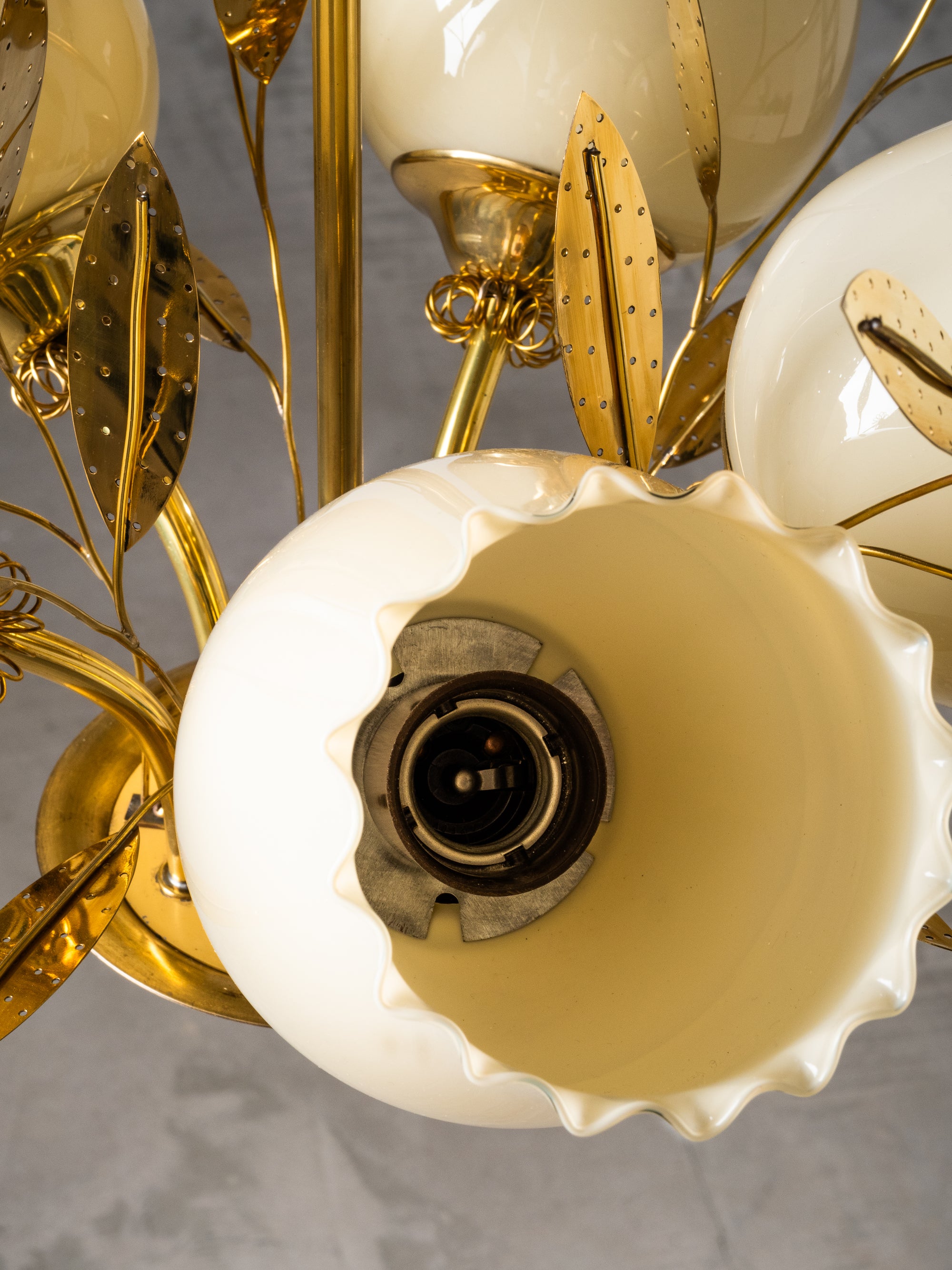 Five-Arm Brass and Glass Chandelier with Floral Details by Itsu, Finland, 1950s