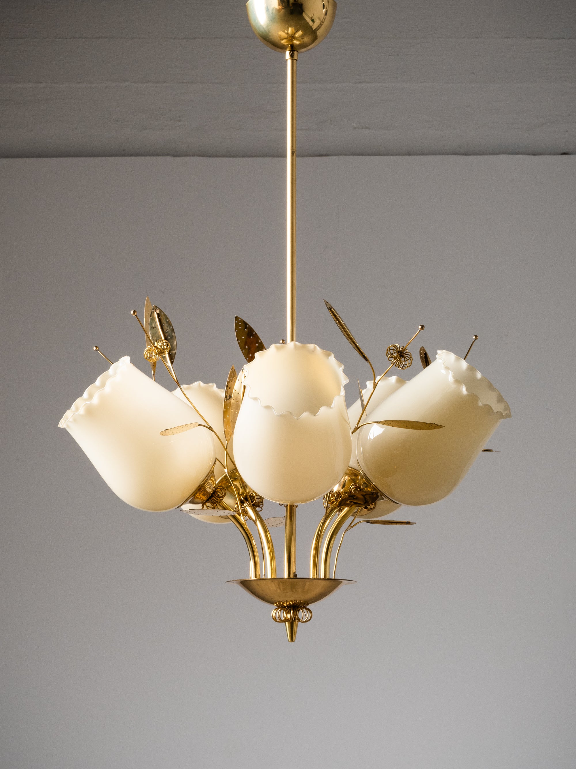 Five-Arm Brass and Glass Chandelier with Floral Details by Itsu, Finland, 1950s