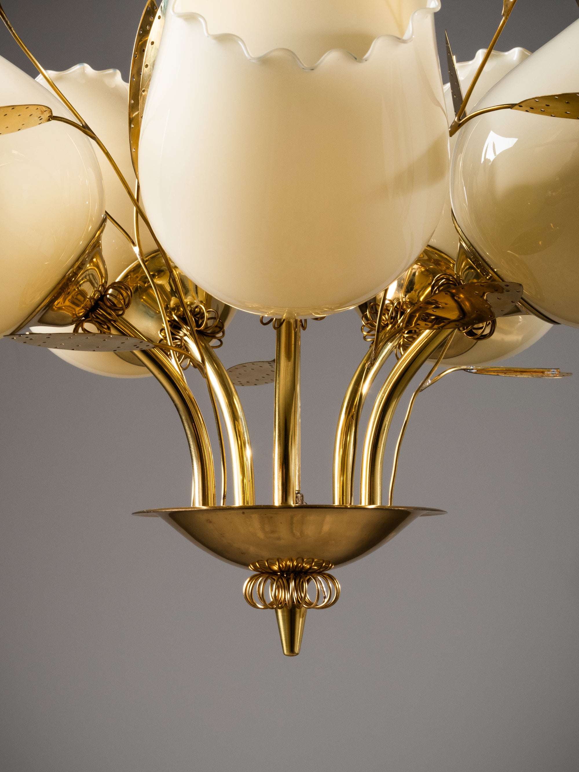 Five-Arm Brass and Glass Chandelier with Floral Details by Itsu, Finland, 1950s