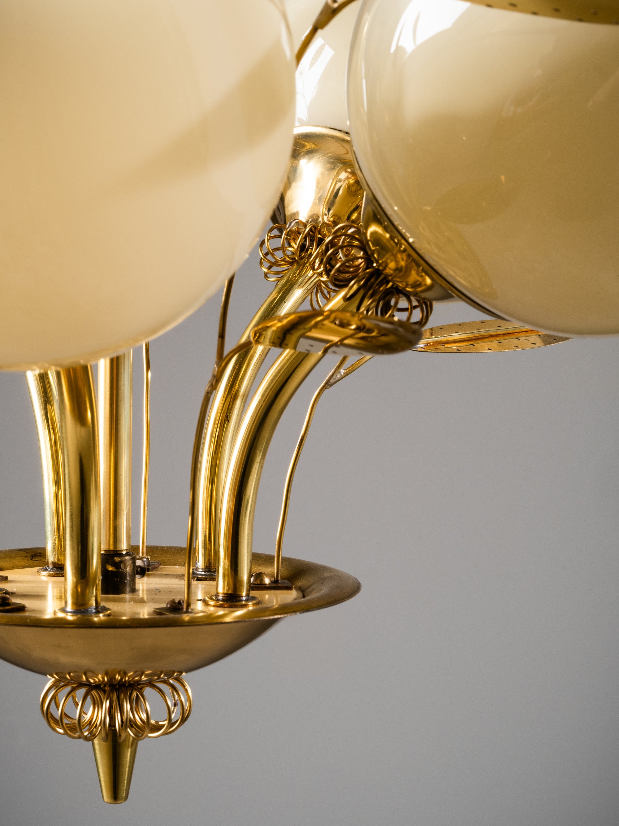 Five-Arm Brass and Glass Chandelier with Floral Details by Itsu, Finland, 1950s