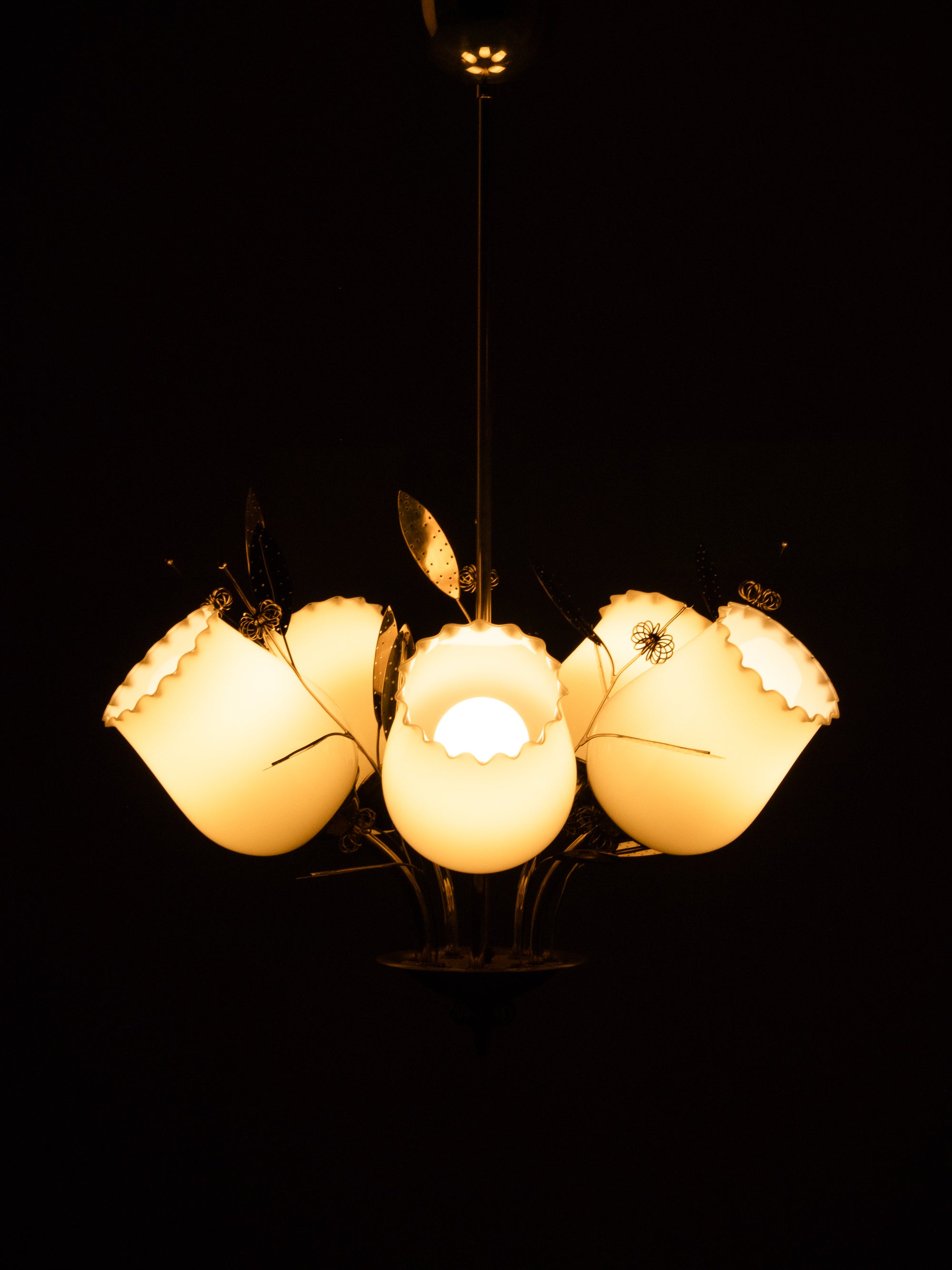 Five-Arm Brass and Glass Chandelier with Floral Details by Itsu, Finland, 1950s