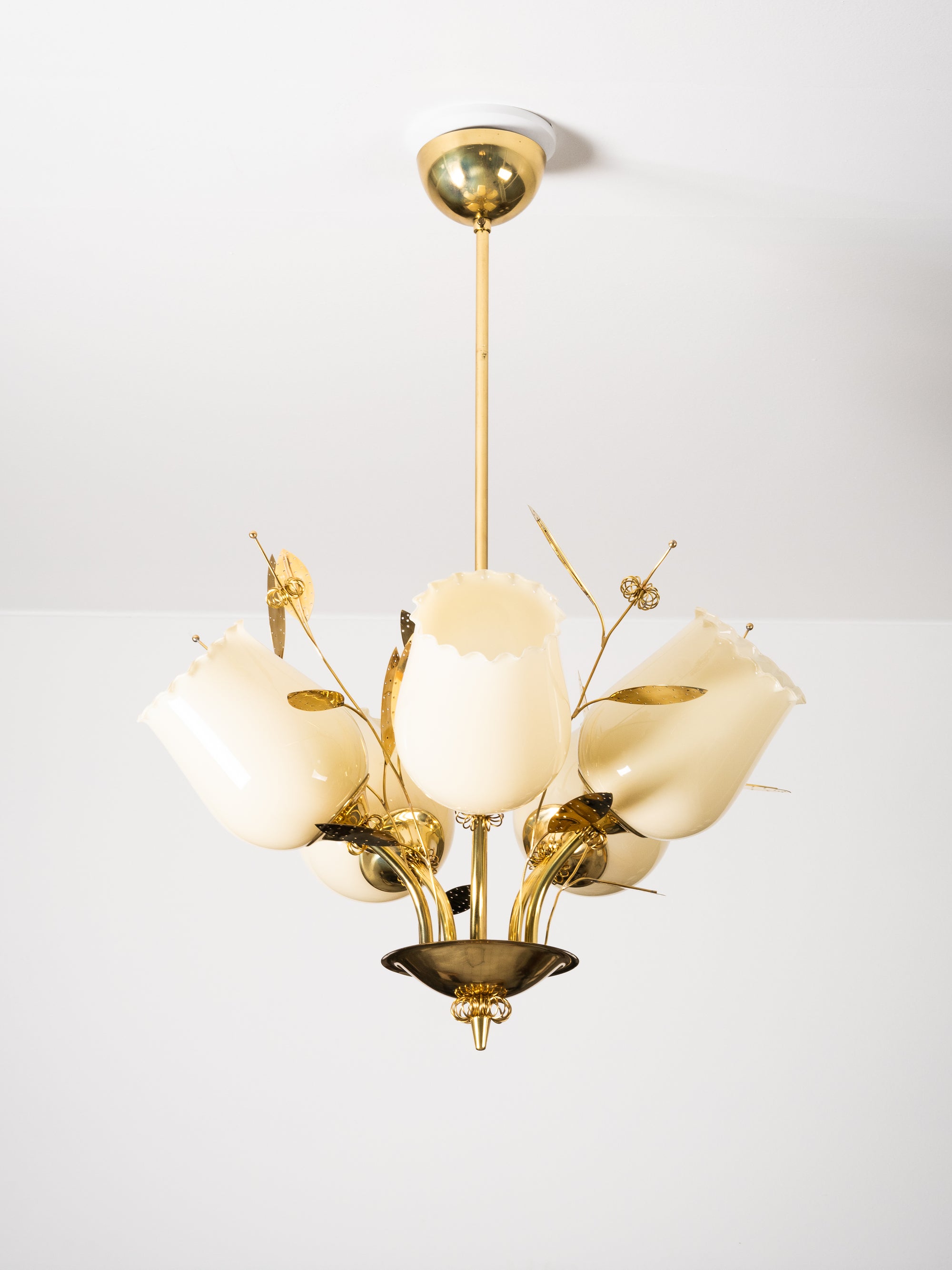 Five-Arm Brass and Glass Chandelier with Floral Details by Itsu, Finland, 1950s