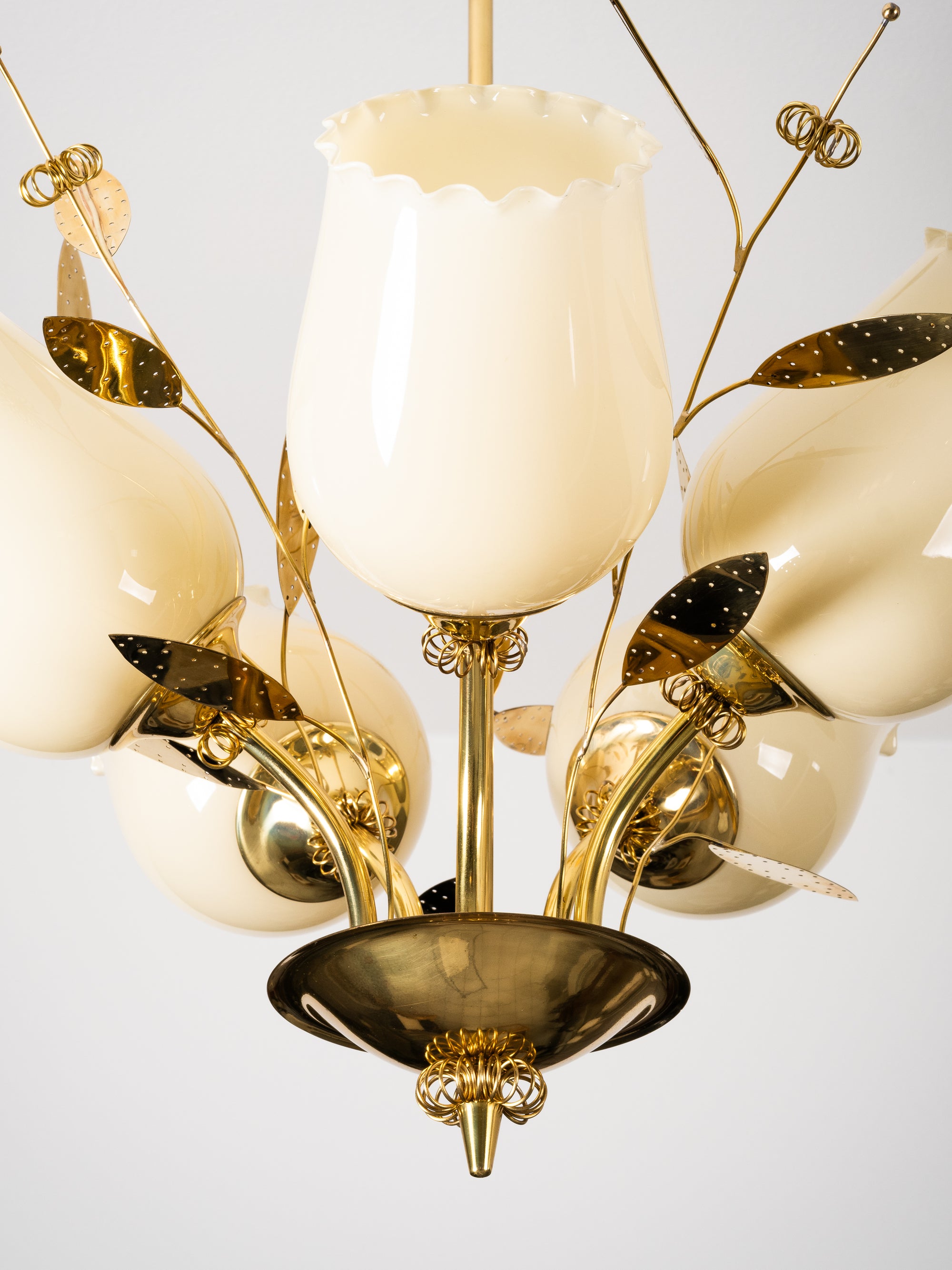 Five-Arm Brass and Glass Chandelier with Floral Details by Itsu, Finland, 1950s