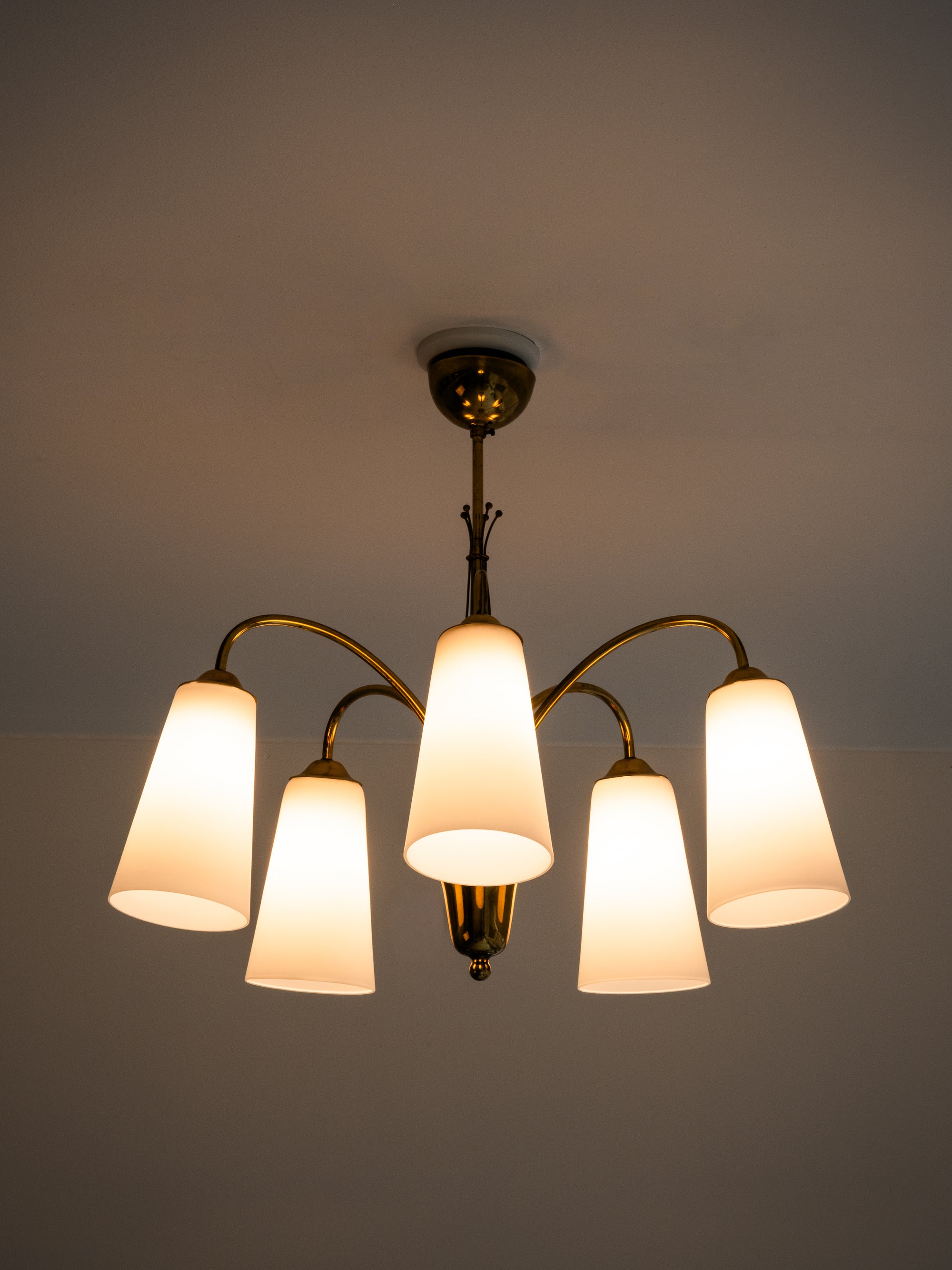 Five-Arm Brass and Glass Chandelier Model 101/5 by Itsu, Finland, 1950s