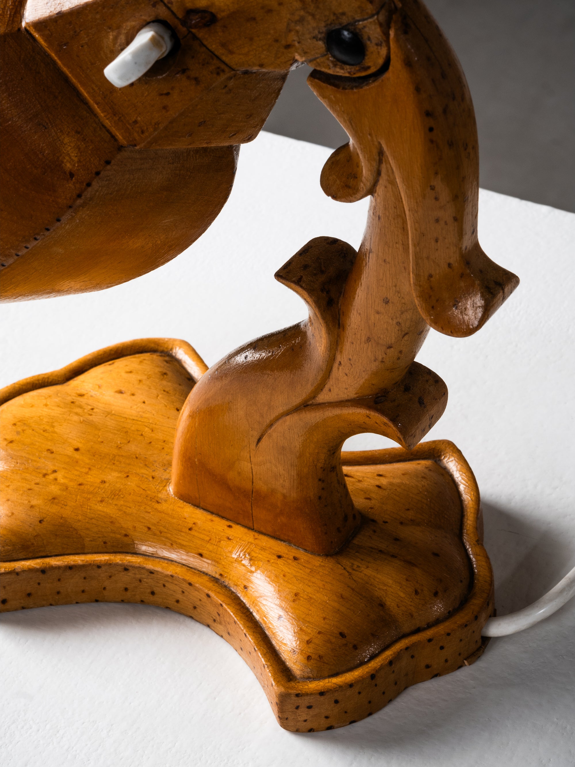 Hand-Carved Wooden Table Lamp, Wartime Craft, 1940s