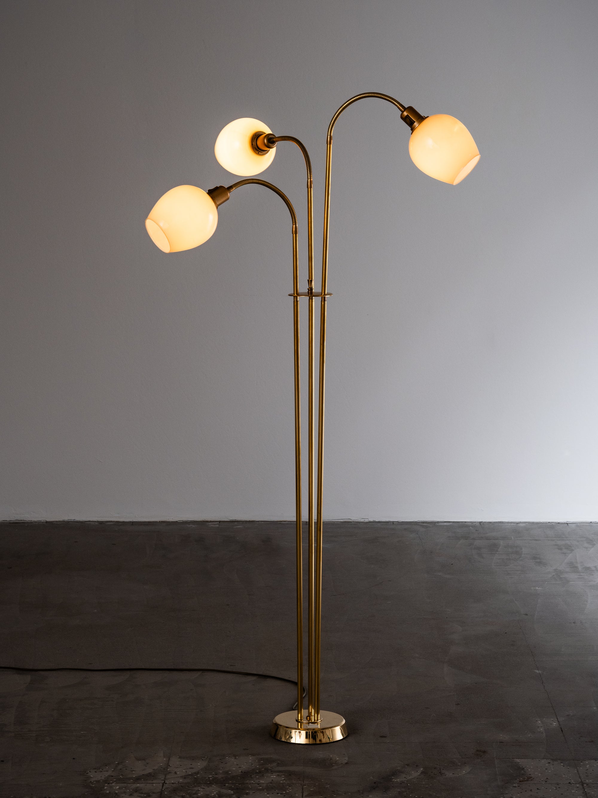 Finnish Mid-Century Three Arm Brass &amp; Opaline Glass Floor Lamp