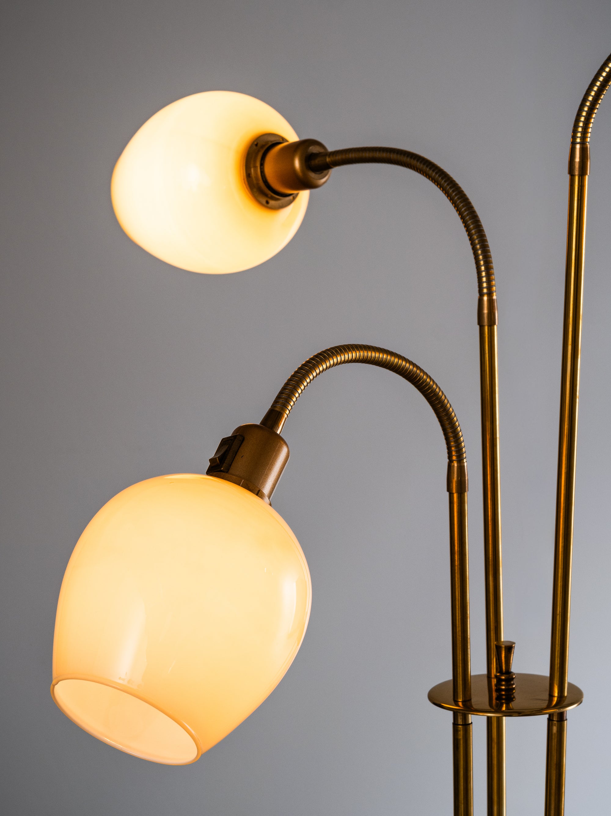 Finnish Mid-Century Three Arm Brass &amp; Opaline Glass Floor Lamp