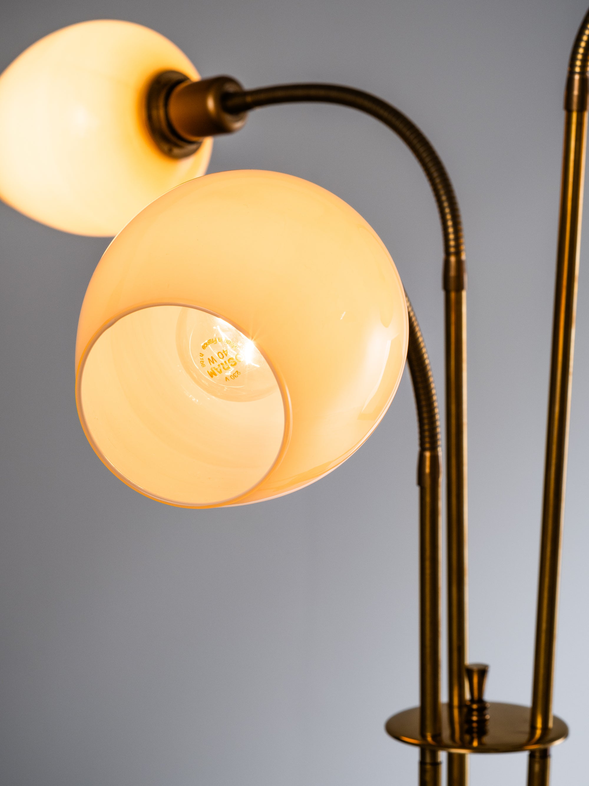 Finnish Mid-Century Three Arm Brass &amp; Opaline Glass Floor Lamp