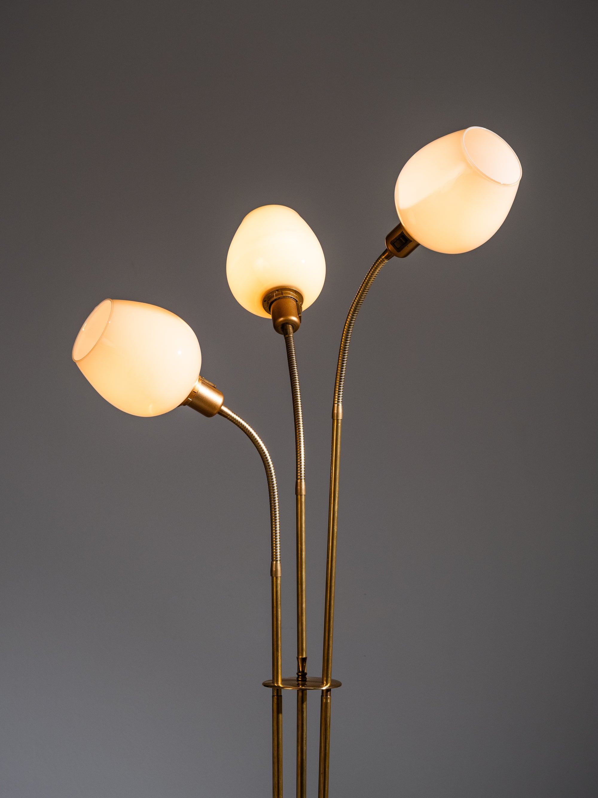 Finnish Mid-Century Three Arm Brass &amp; Opaline Glass Floor Lamp