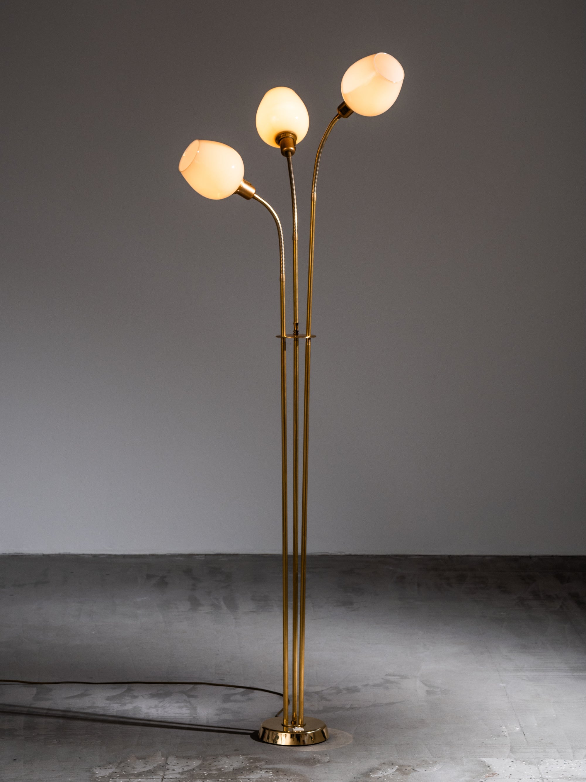 Finnish Mid-Century Three Arm Brass &amp; Opaline Glass Floor Lamp