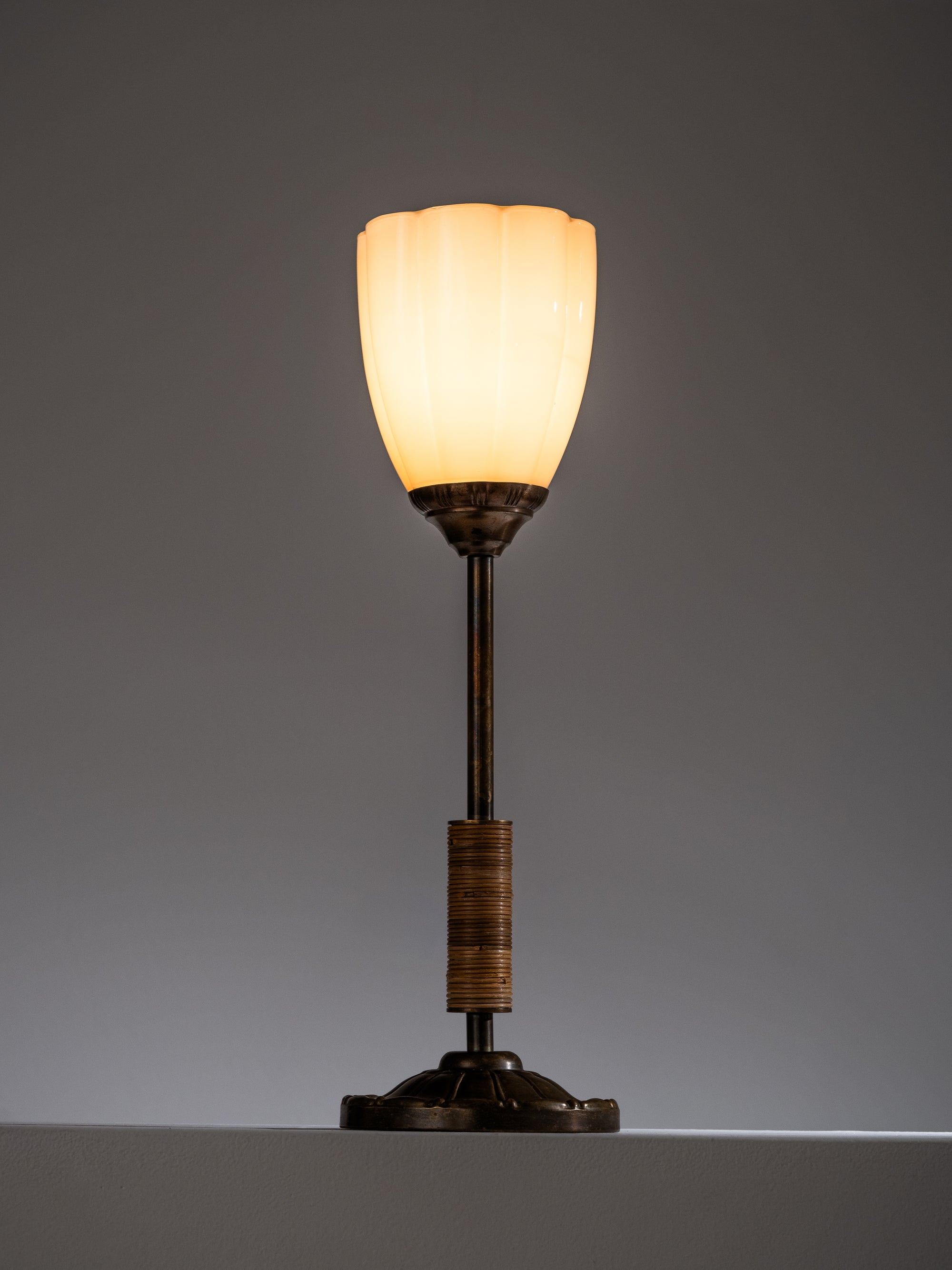 Scandinavian Art Deco Table Lamp in Brass, Rattan &amp; Opaline Glass, 1930s