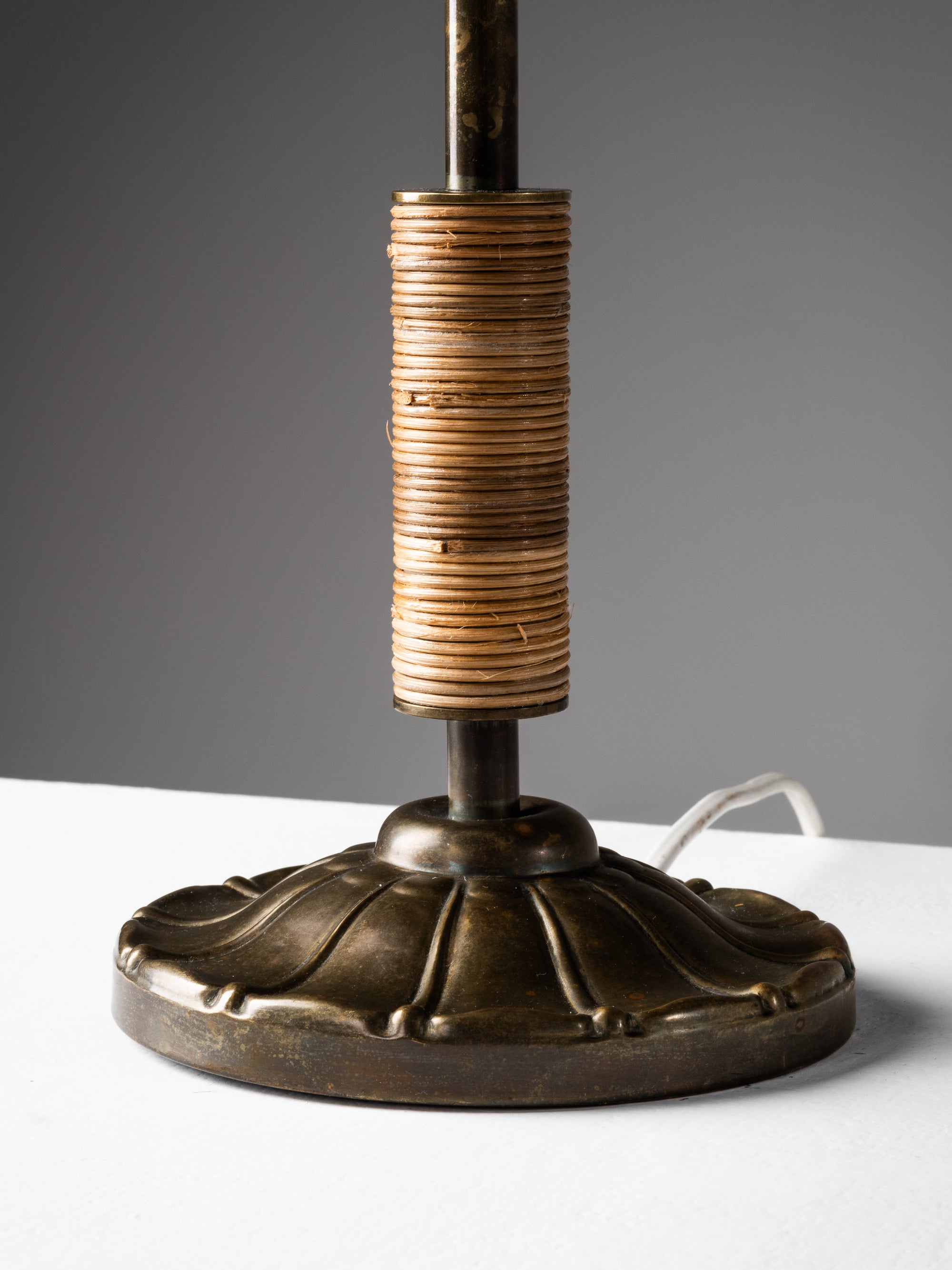 Scandinavian Art Deco Table Lamp in Brass, Rattan &amp; Opaline Glass, 1930s