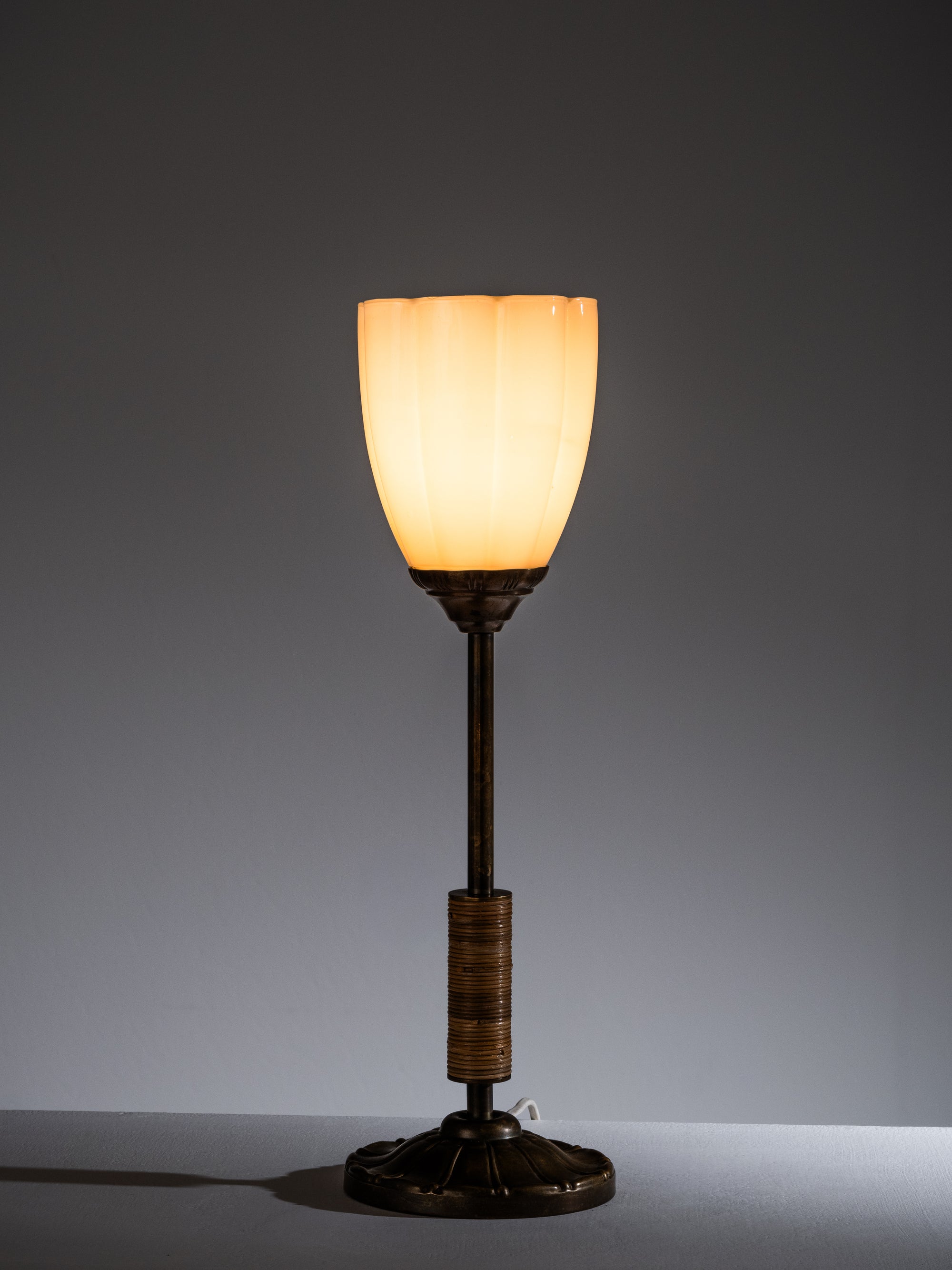Scandinavian Art Deco Table Lamp in Brass, Rattan &amp; Opaline Glass, 1930s