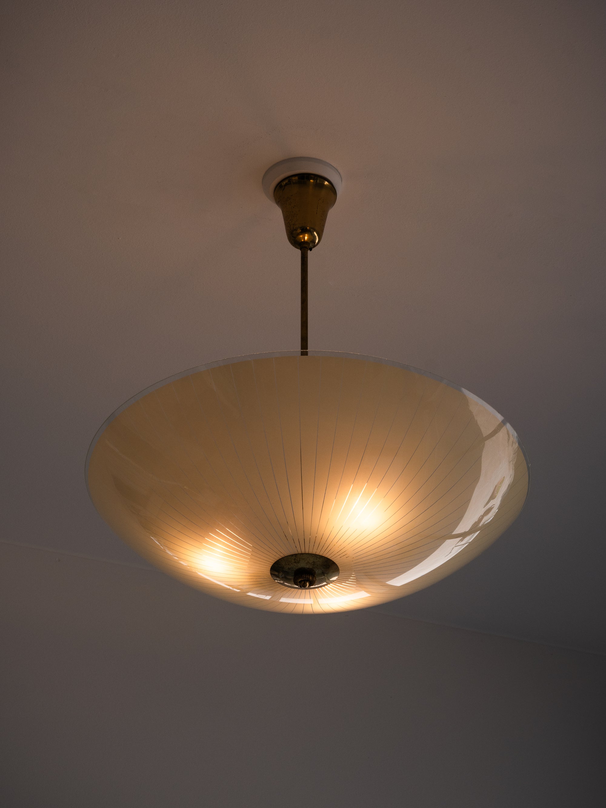 Mid-Century Ceiling Lamp in Brass &amp; Striped Glass by Lasipaino, Finland, 1950s