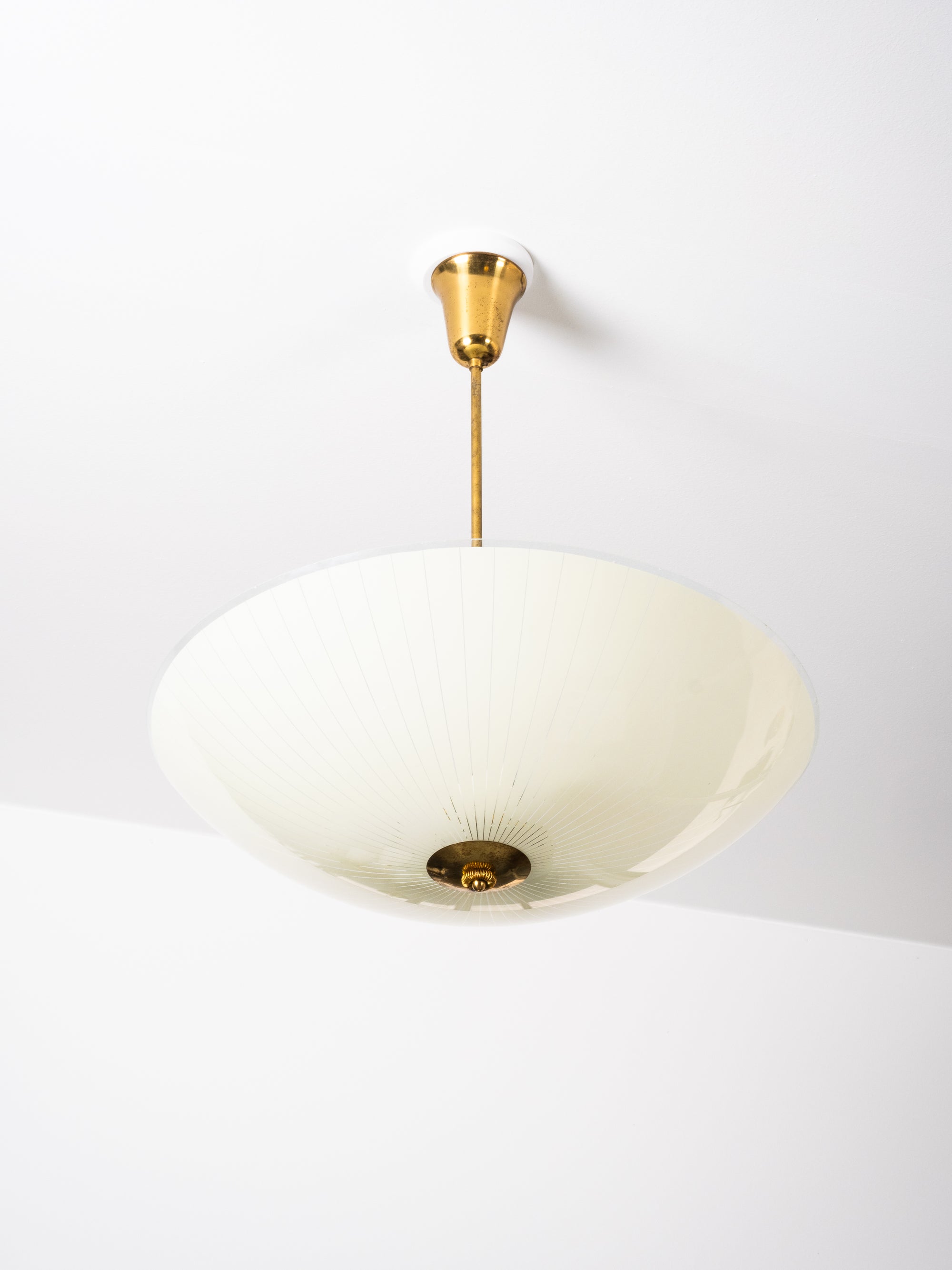 Mid-Century Ceiling Lamp in Brass &amp; Striped Glass by Lasipaino, Finland, 1950s