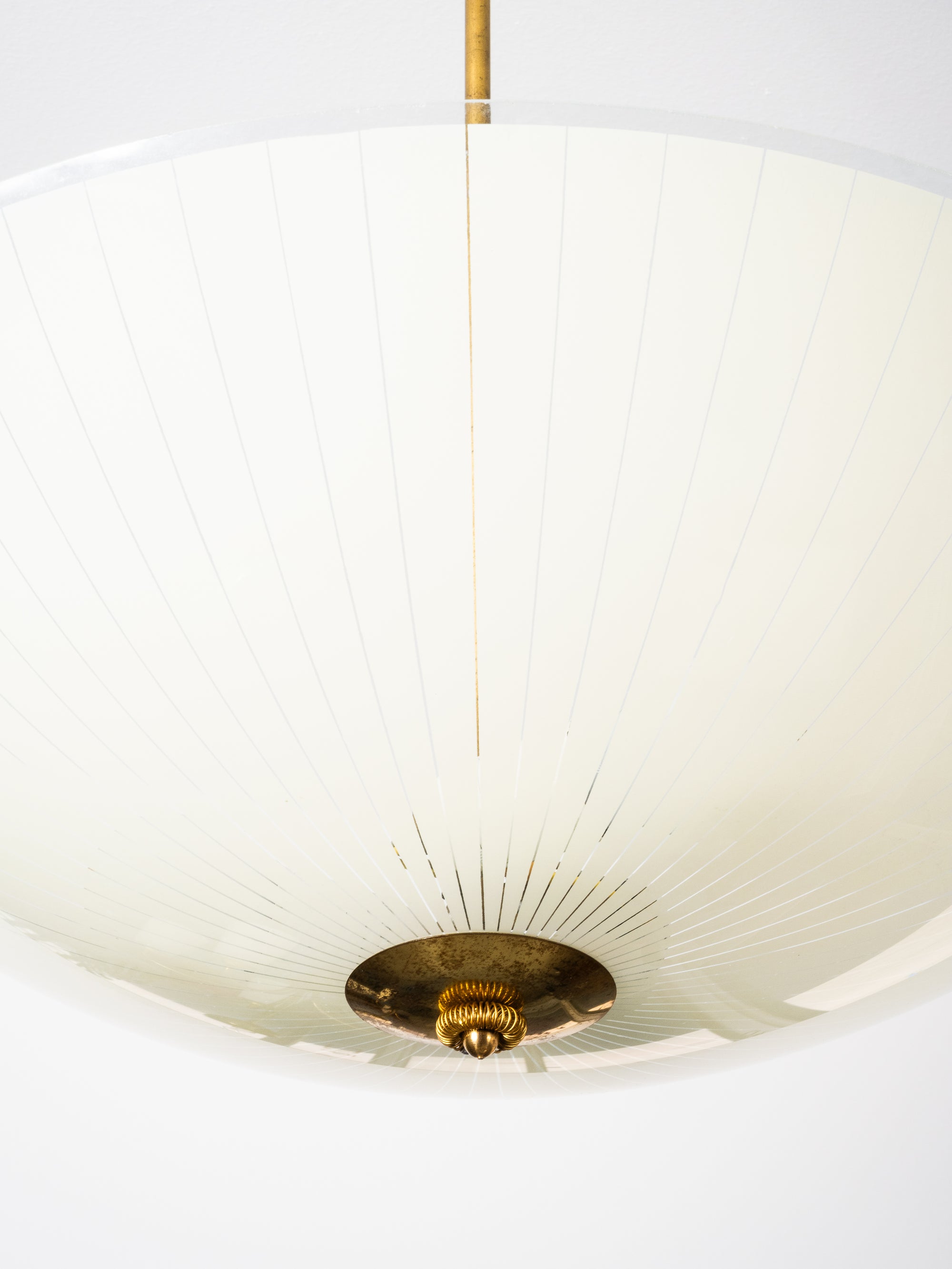 Mid-Century Ceiling Lamp in Brass &amp; Striped Glass by Lasipaino, Finland, 1950s