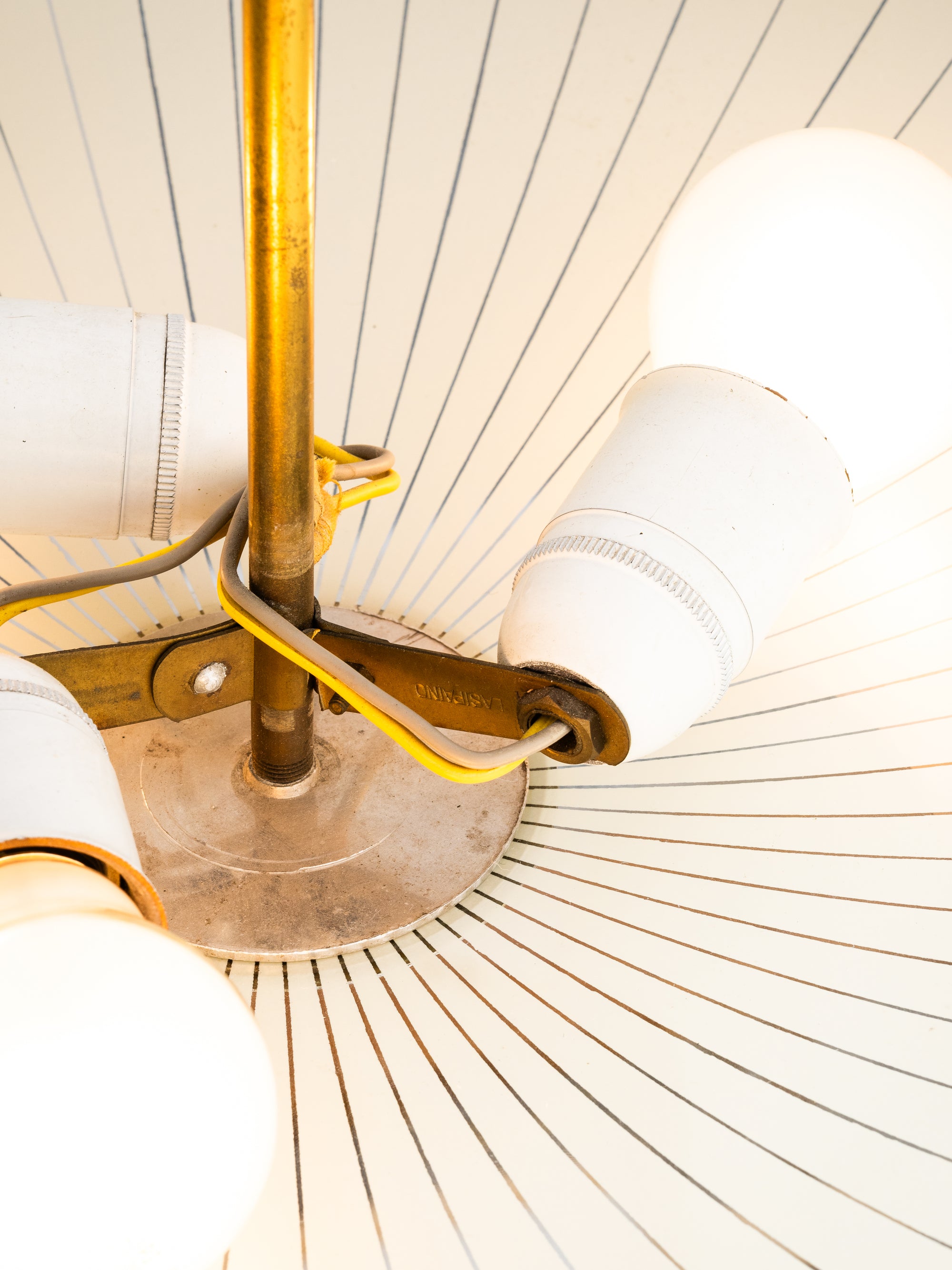 Mid-Century Ceiling Lamp in Brass &amp; Striped Glass by Lasipaino, Finland, 1950s