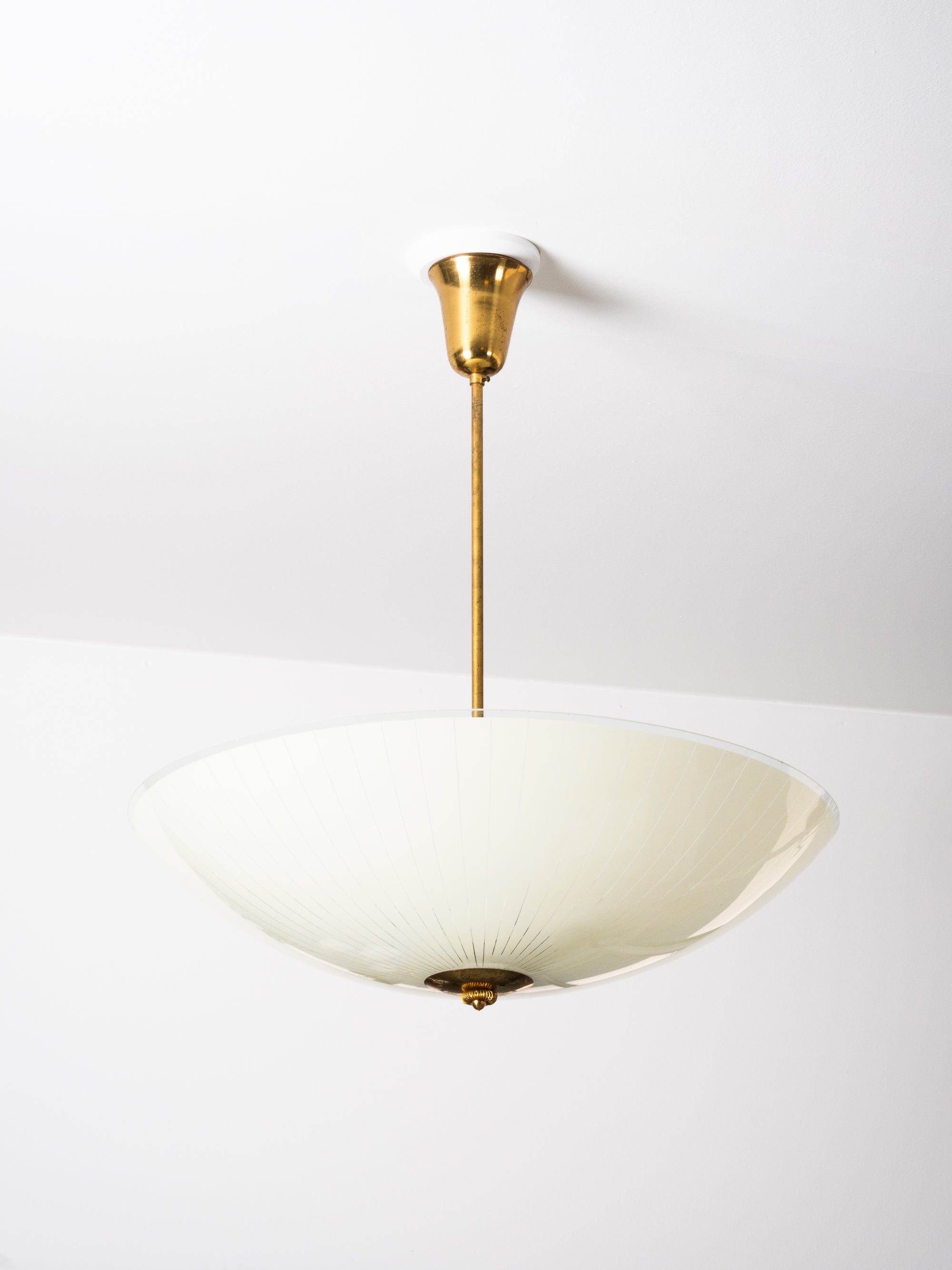 Mid-Century Ceiling Lamp in Brass &amp; Striped Glass by Lasipaino, Finland, 1950s